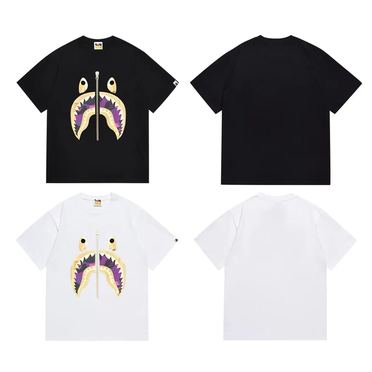 A Bathing Ape Shark Hoodie Black Purple Graphic-Print Zipper-Detail T-Shirt
