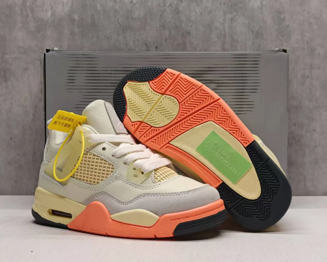 Air Jordan 4 Beige Orange Black Basketball Shoes