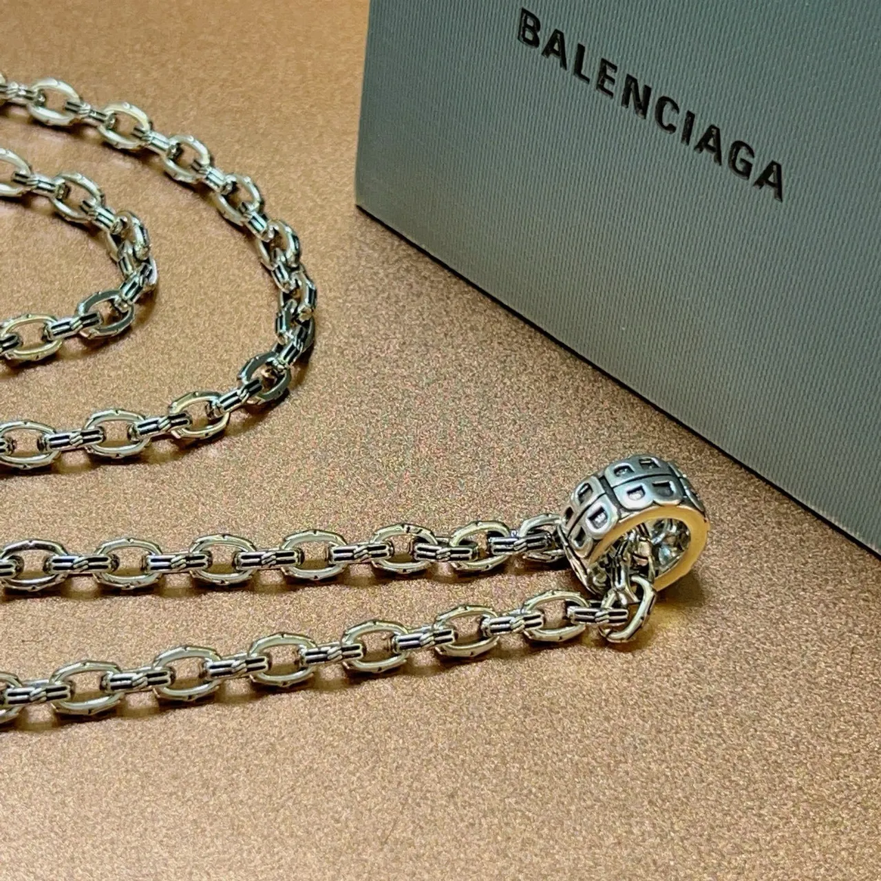 Balenciaga BB Motif Pendant Silver Chain Necklace