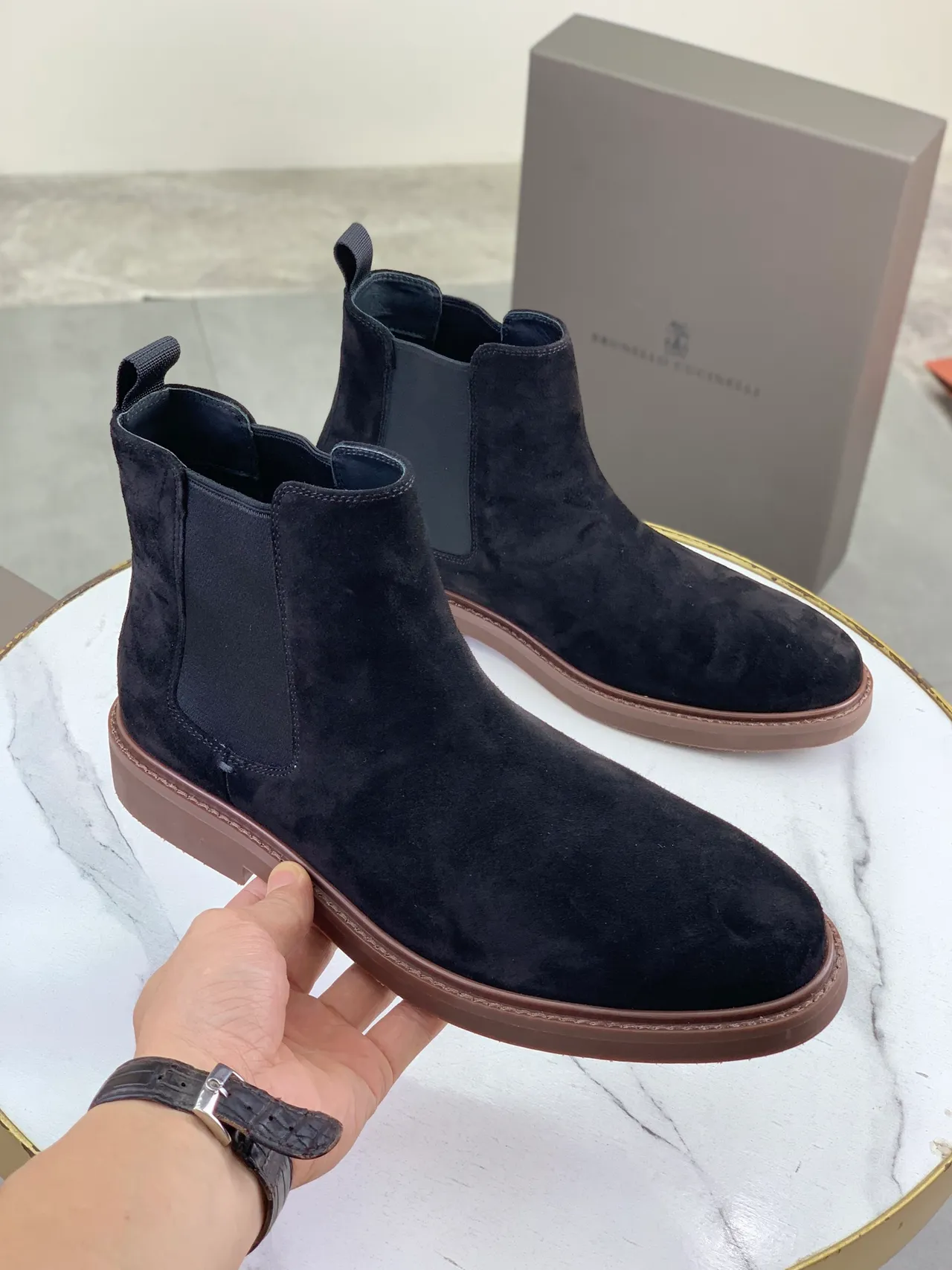 Brunello Cucinelli Black Suede Chelsea Boots