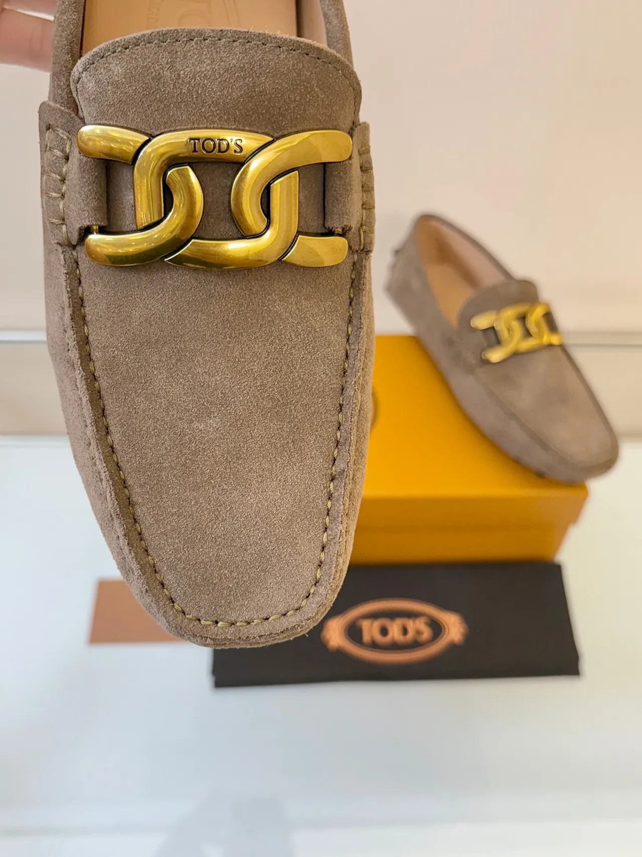 Tod's Gommino Loafer Taupe Suede Gold Horsebit Loafers