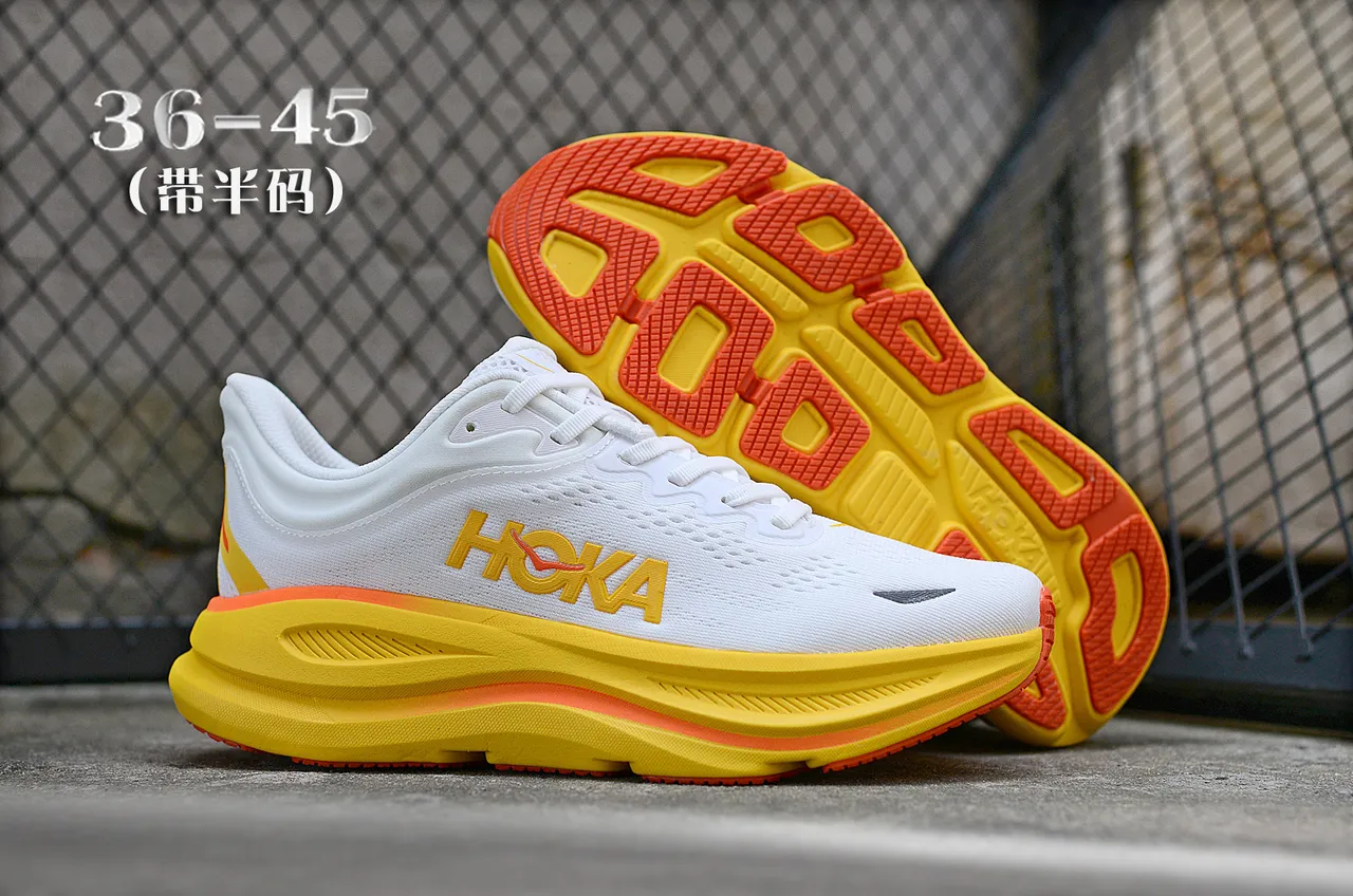 Hoka White Yellow Engineered Knit Upper Thick Cushioned Midsole Running Shoes