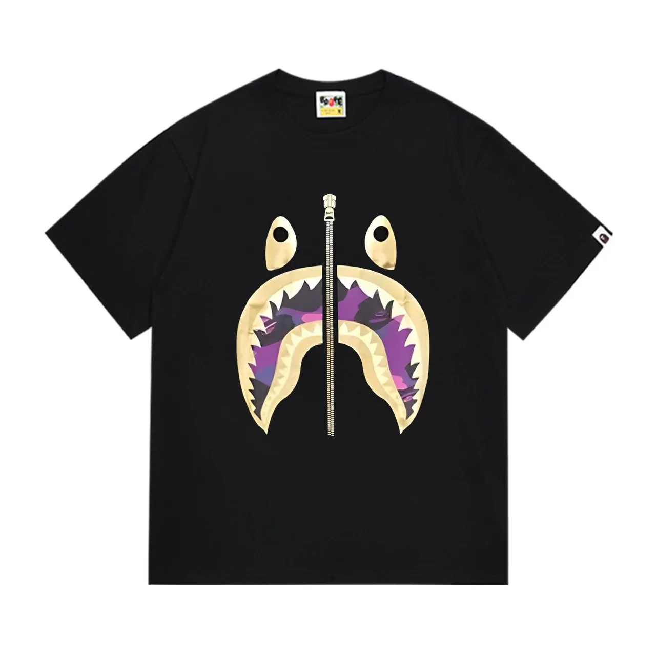 A Bathing Ape Shark Hoodie Black Purple Graphic-Print Zipper-Detail T-Shirt