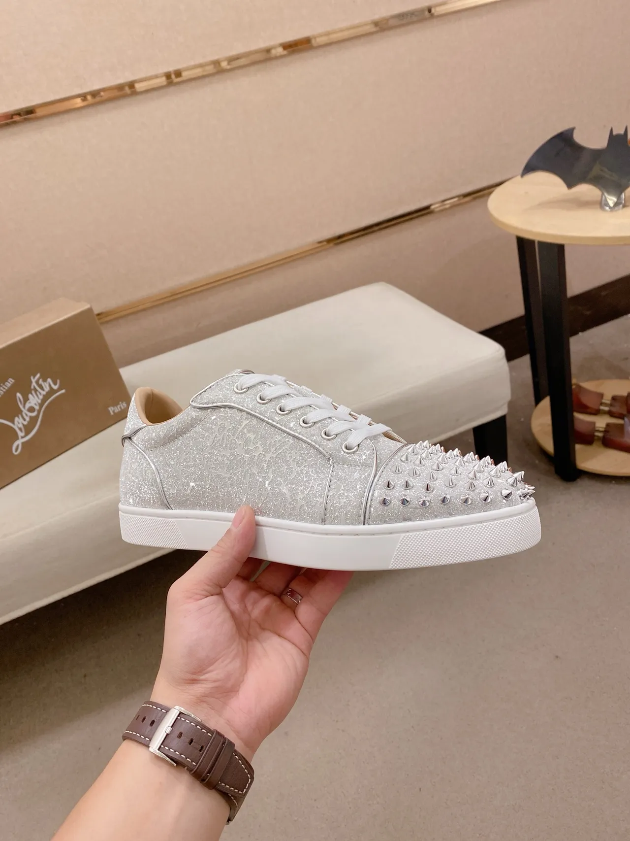 Christian Louboutin Silver White Glitter Upper Spiked Toe Cap Lifestyle Sneakers