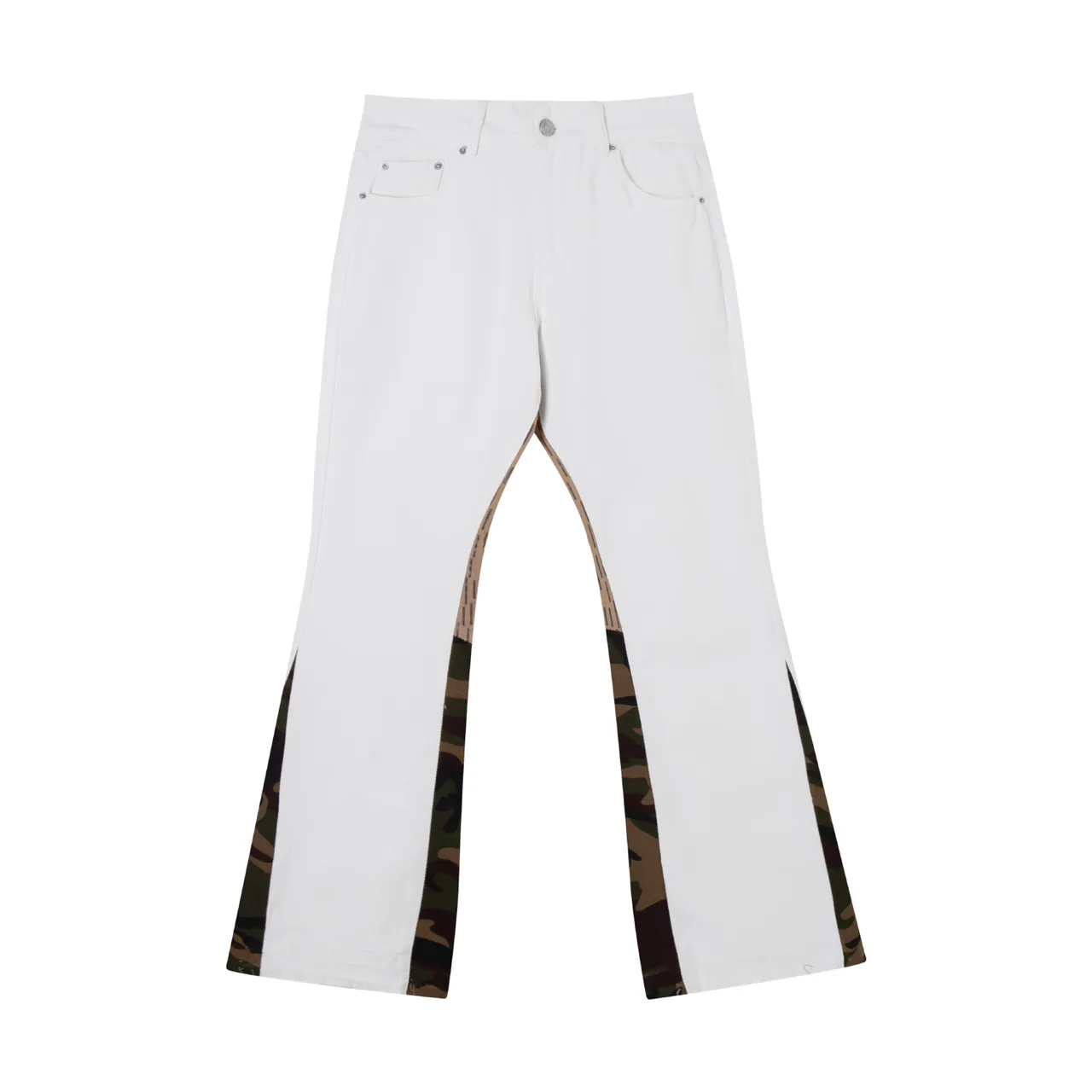 White Army Green Flared Leg Camouflage Side Panels Pants