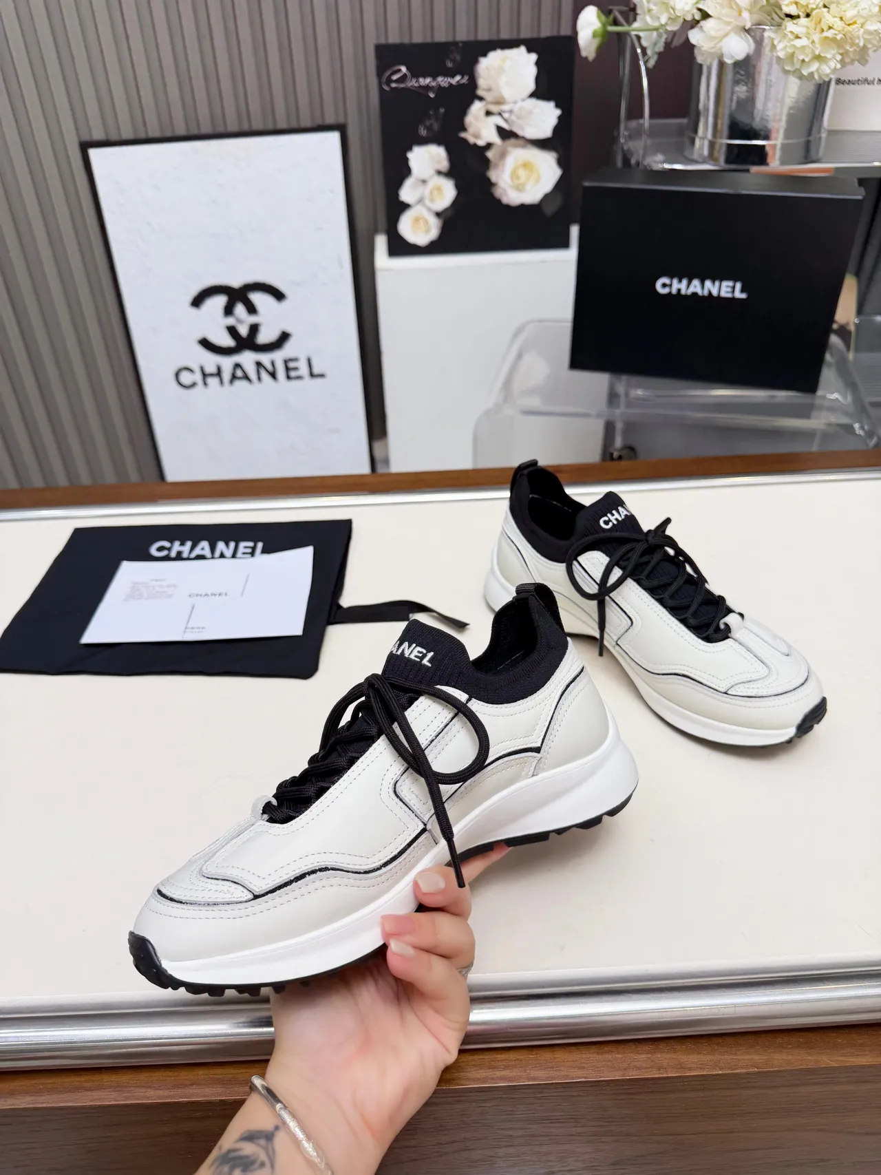 Chanel White and Black Leather CC Logo Chunky Sneakers