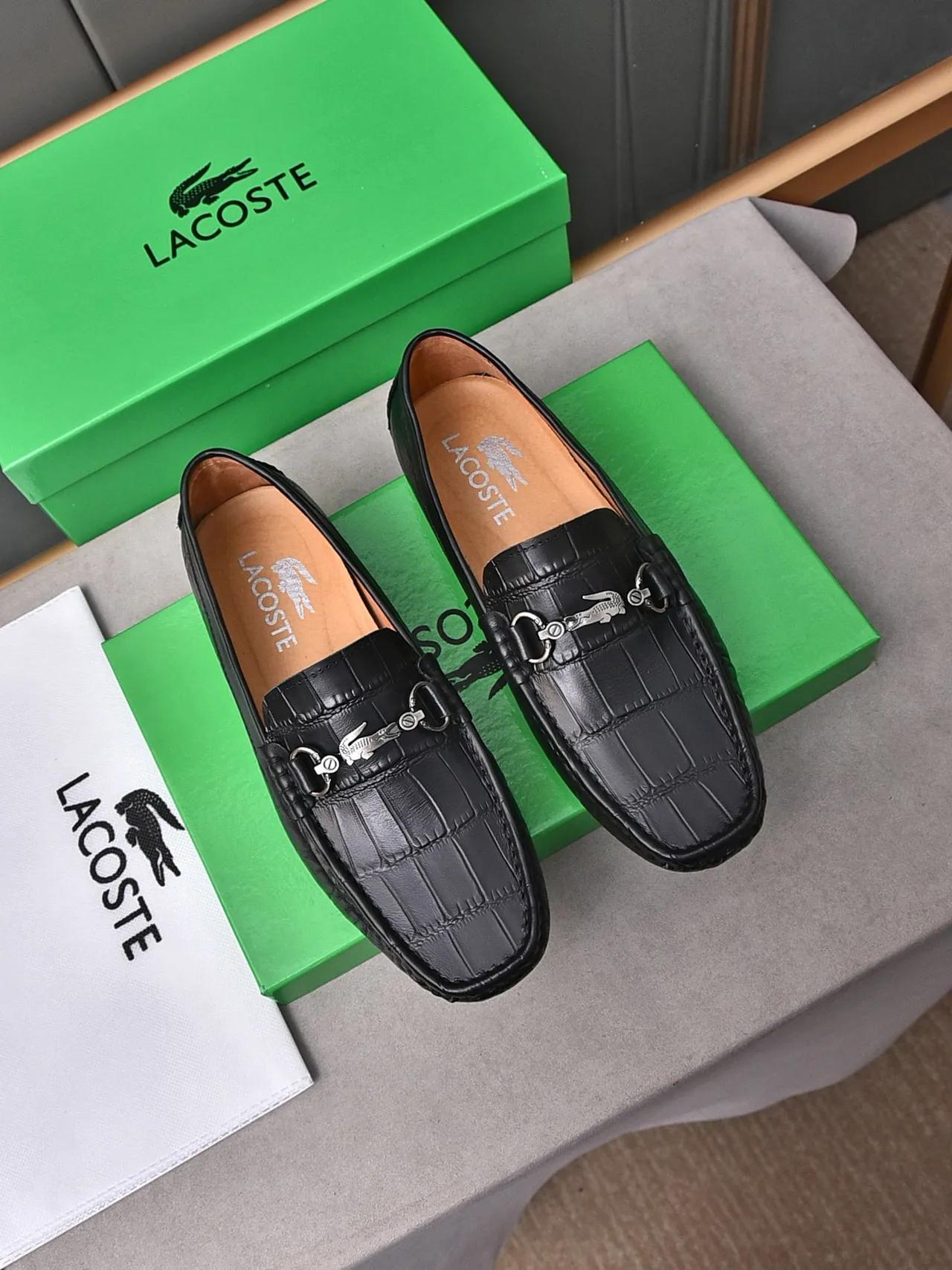 Lacoste Horsebit Loafer Black Croc-Embossed Leather Loafers