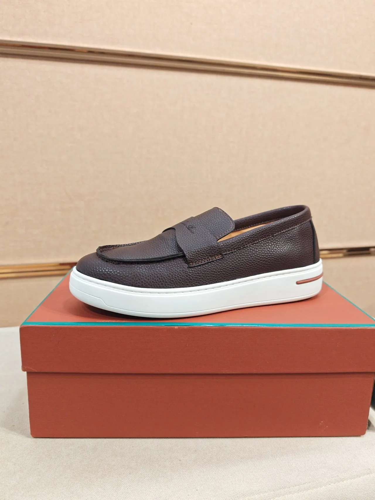 Brown White Pebbled Leather Penny Strap Loafer