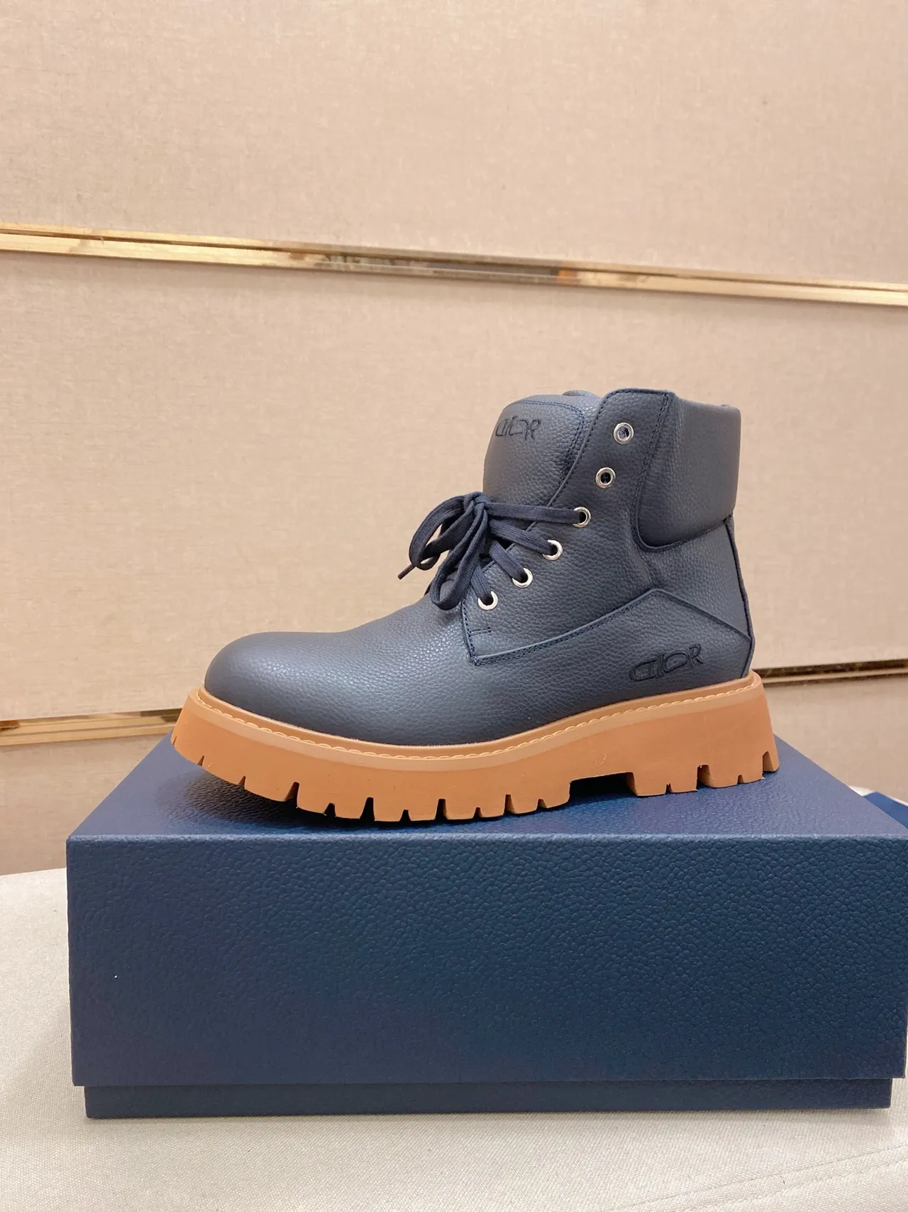 Dior Navy Beige Pebbled Leather Chunky Lug Sole Work Boots