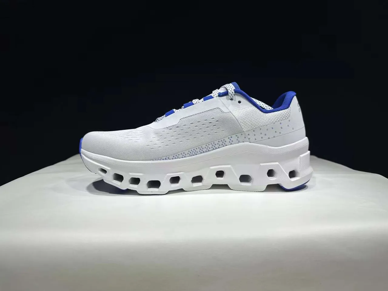 On Cloudmonster White and Blue Running Shoes