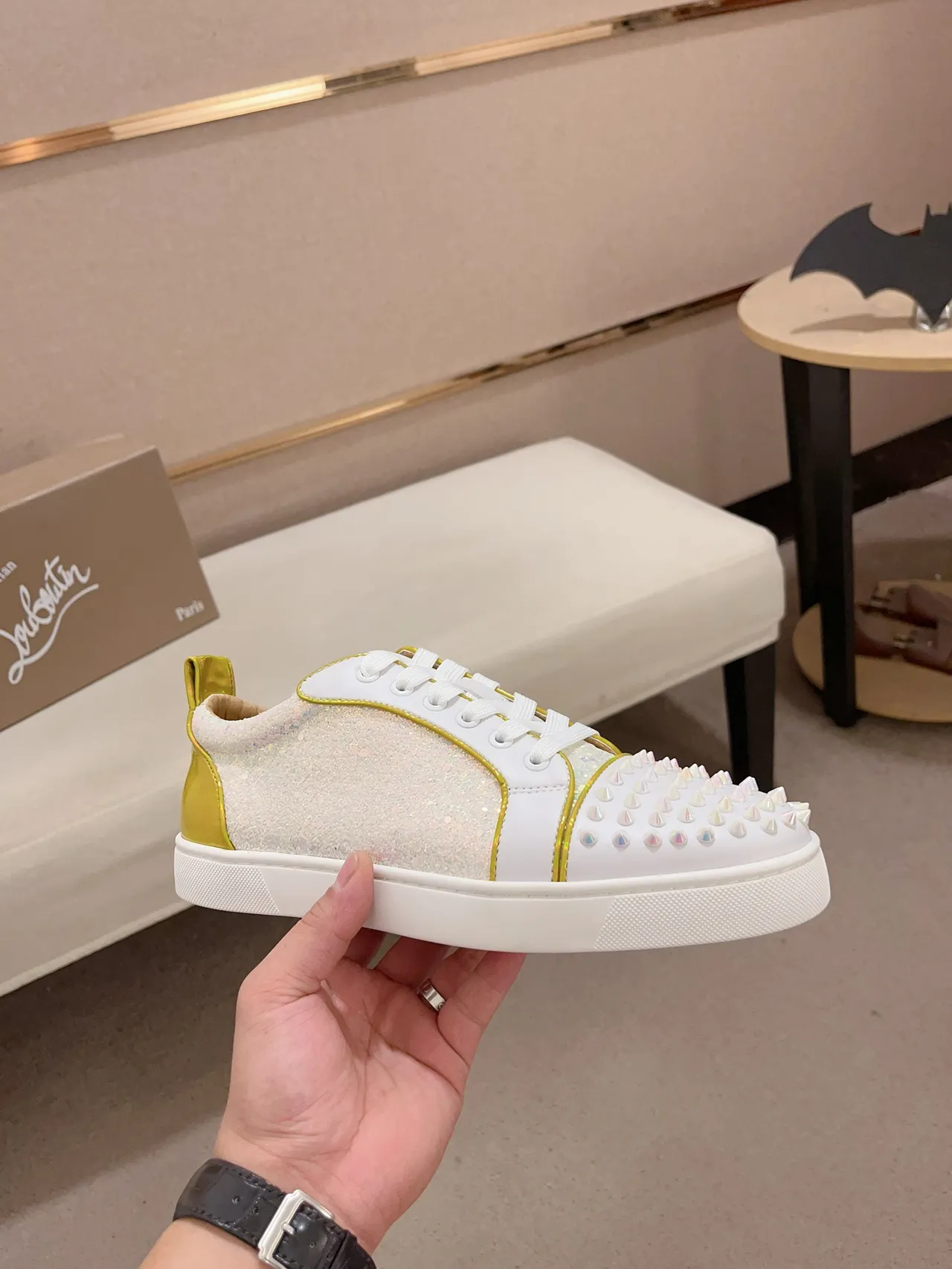Christian Louboutin White Gold Spiked Toe Glitter Panel Lifestyle Sneakers