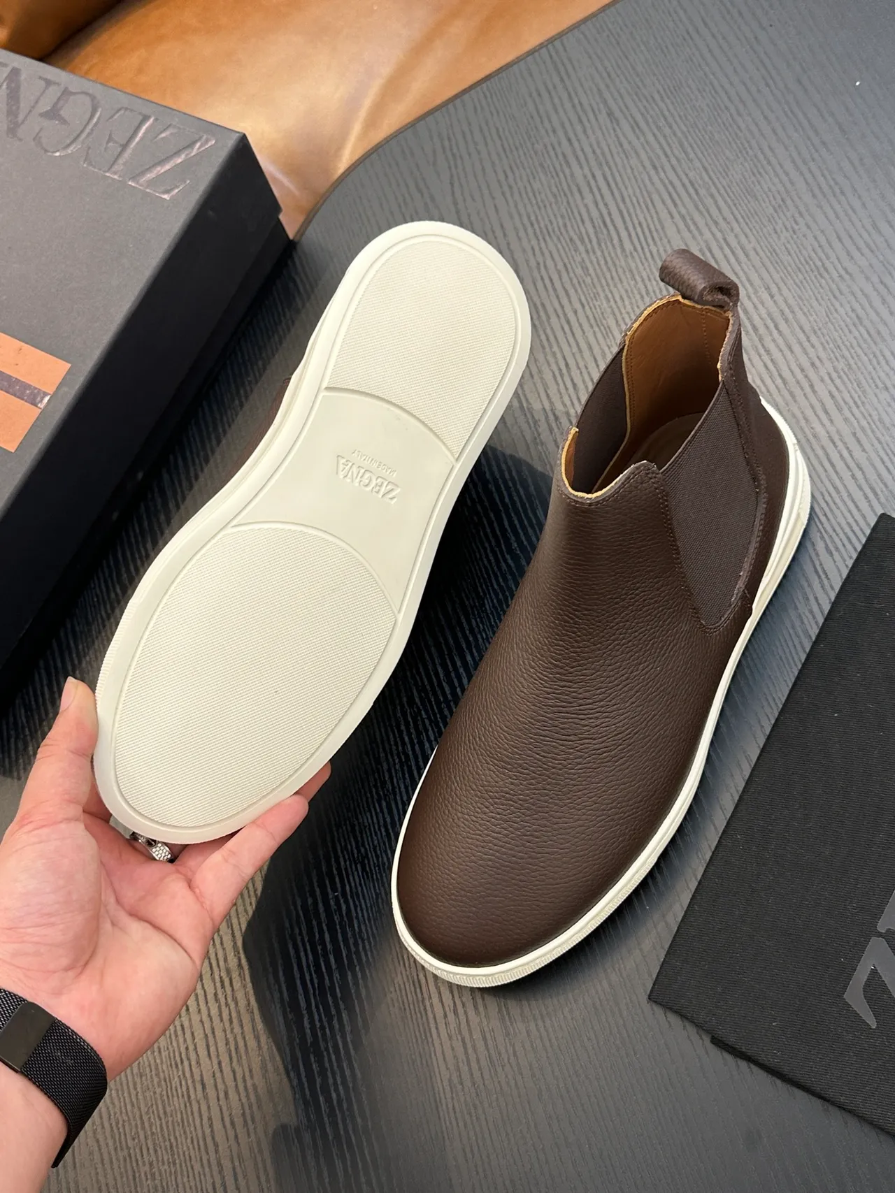 Zegna Brown Beige Pebbled Leather Elastic Side Gussets Chelsea Boots