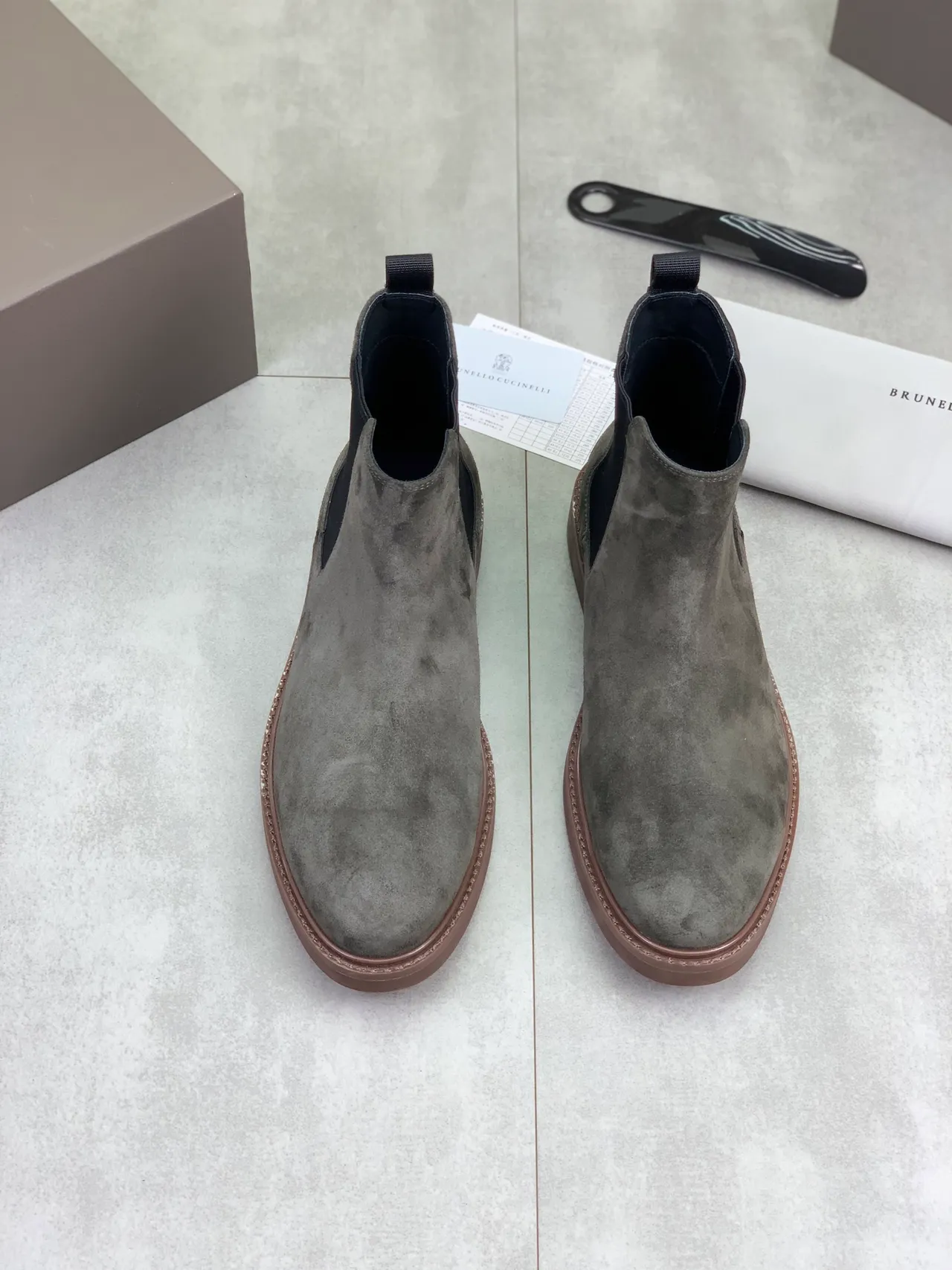 Gray Black Suede Upper Elastic Side Gussets Chelsea Boots