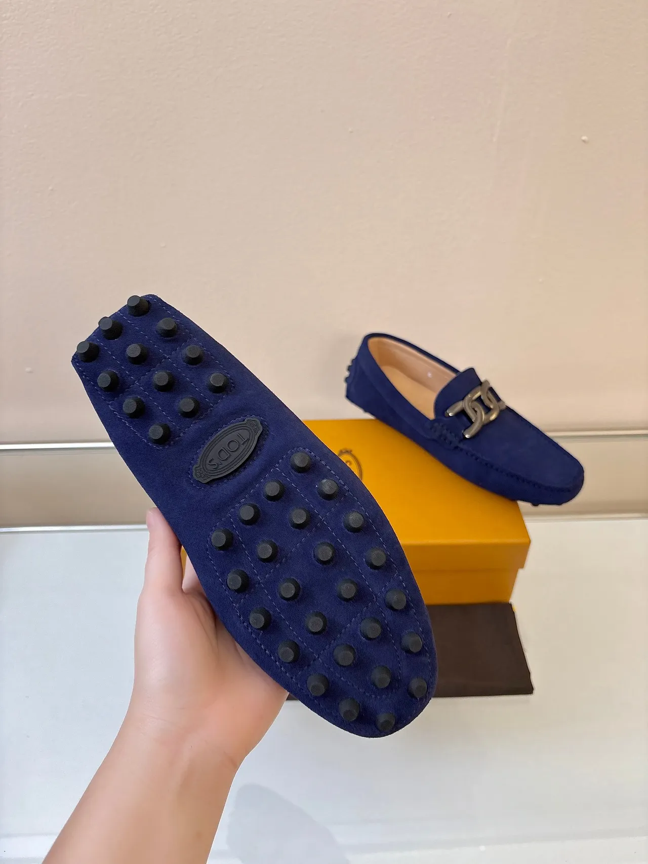 Tod's Gommino Navy Beige Suede Upper Metal Horsebit Buckle Loafer