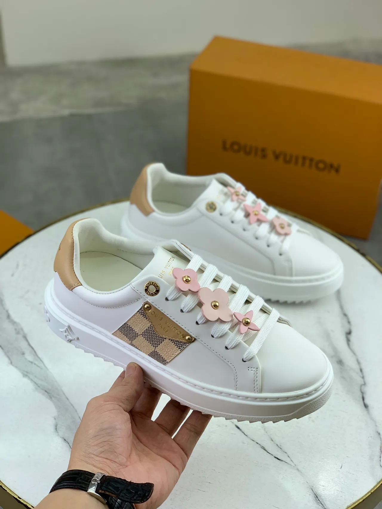 Louis Vuitton LV Trainer White Beige Leather Upper Damier Checkerboard Side Panel Lifestyle Sneakers