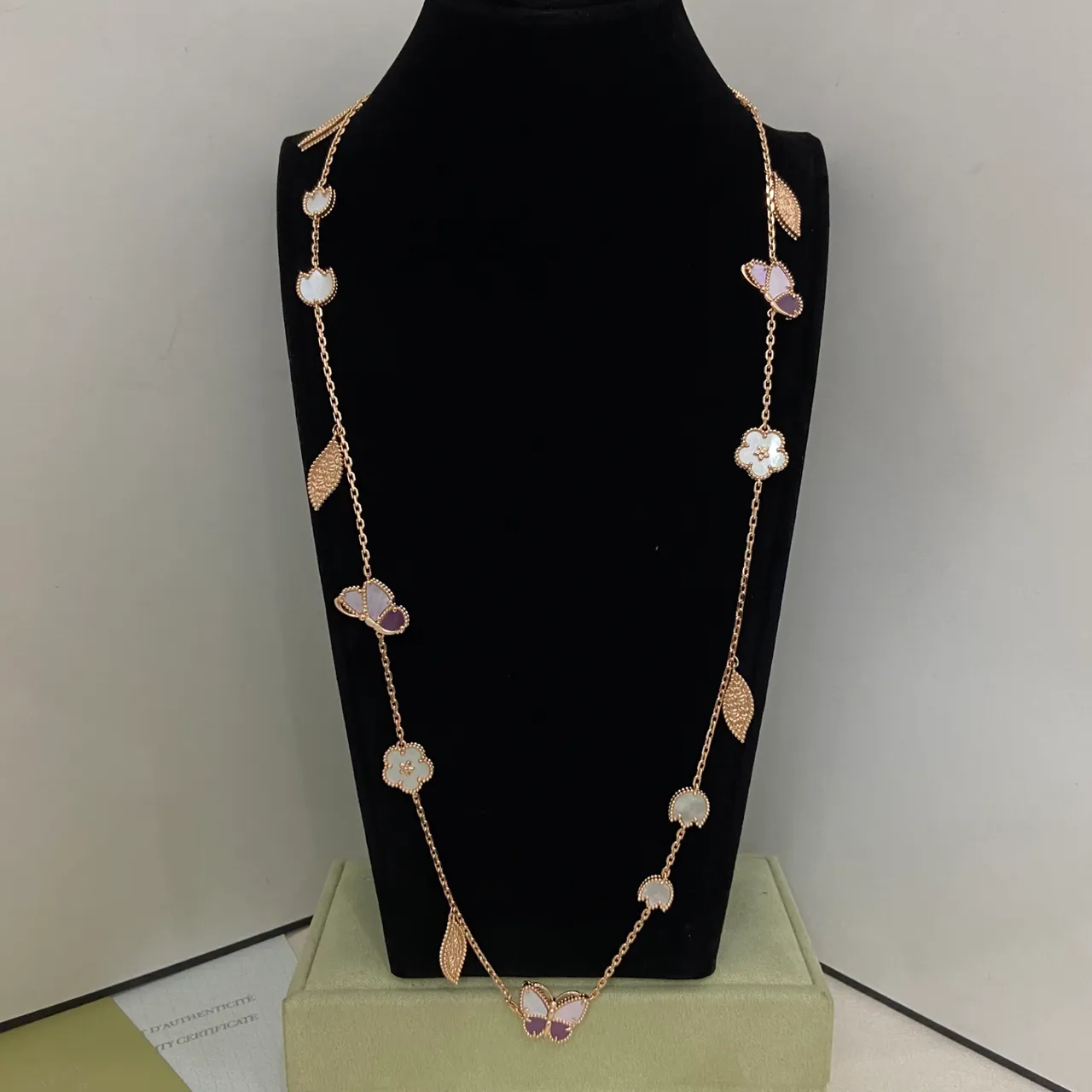 Rose-Gold-Tone Mother-of-Pearl Floral Butterfly Leaf Charm Long Chain Necklace