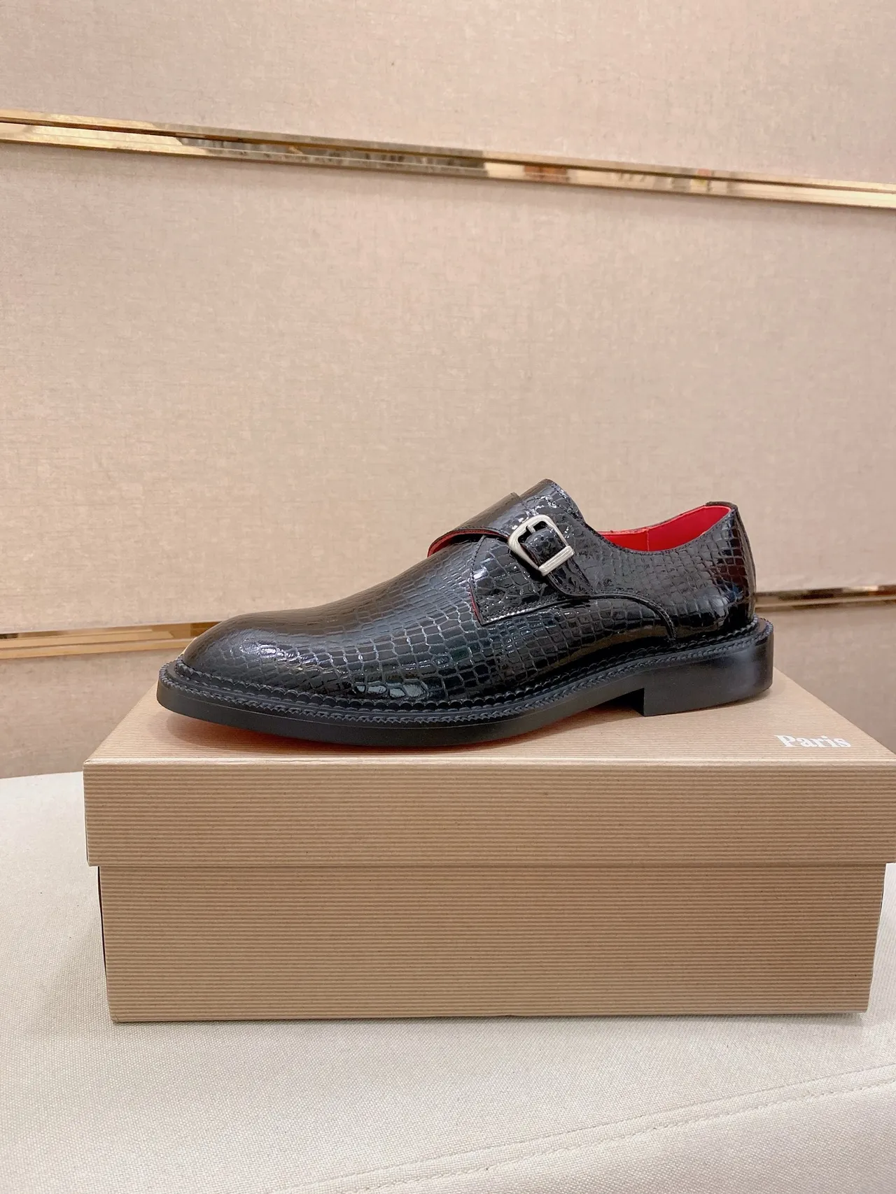 Black Croc-Embossed Single-Buckle Monk Shoe