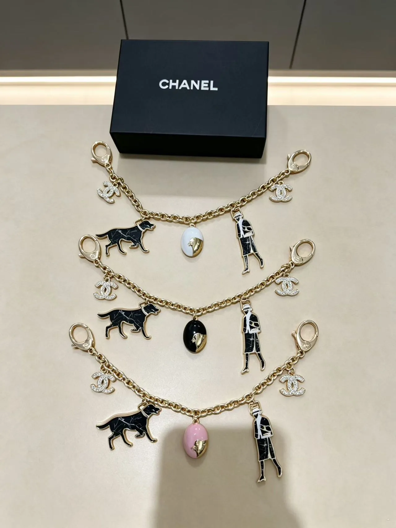 Chanel Charms Bag Charm Set Gold Tone Black White Pink Enamel Bracelets