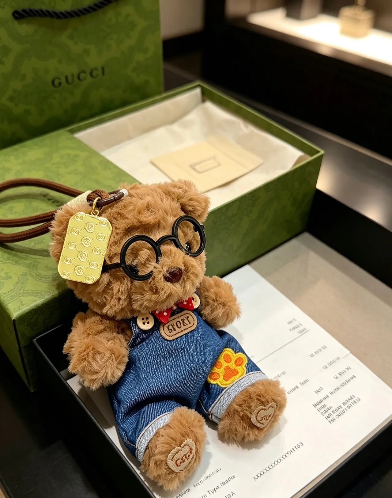 Gucci Brown Blue Plush Teddy Bear Denim Overalls Handbag