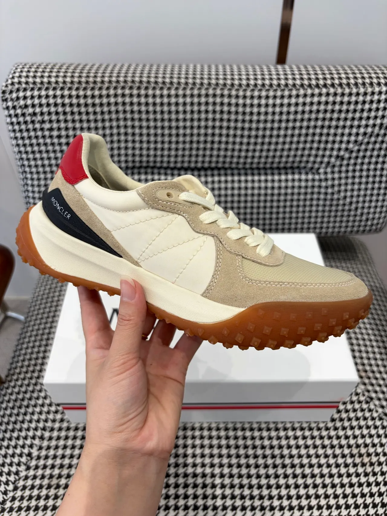 Moncler Beige Red Retro Runner Silhouette Mixed-Material Upper Sneakers