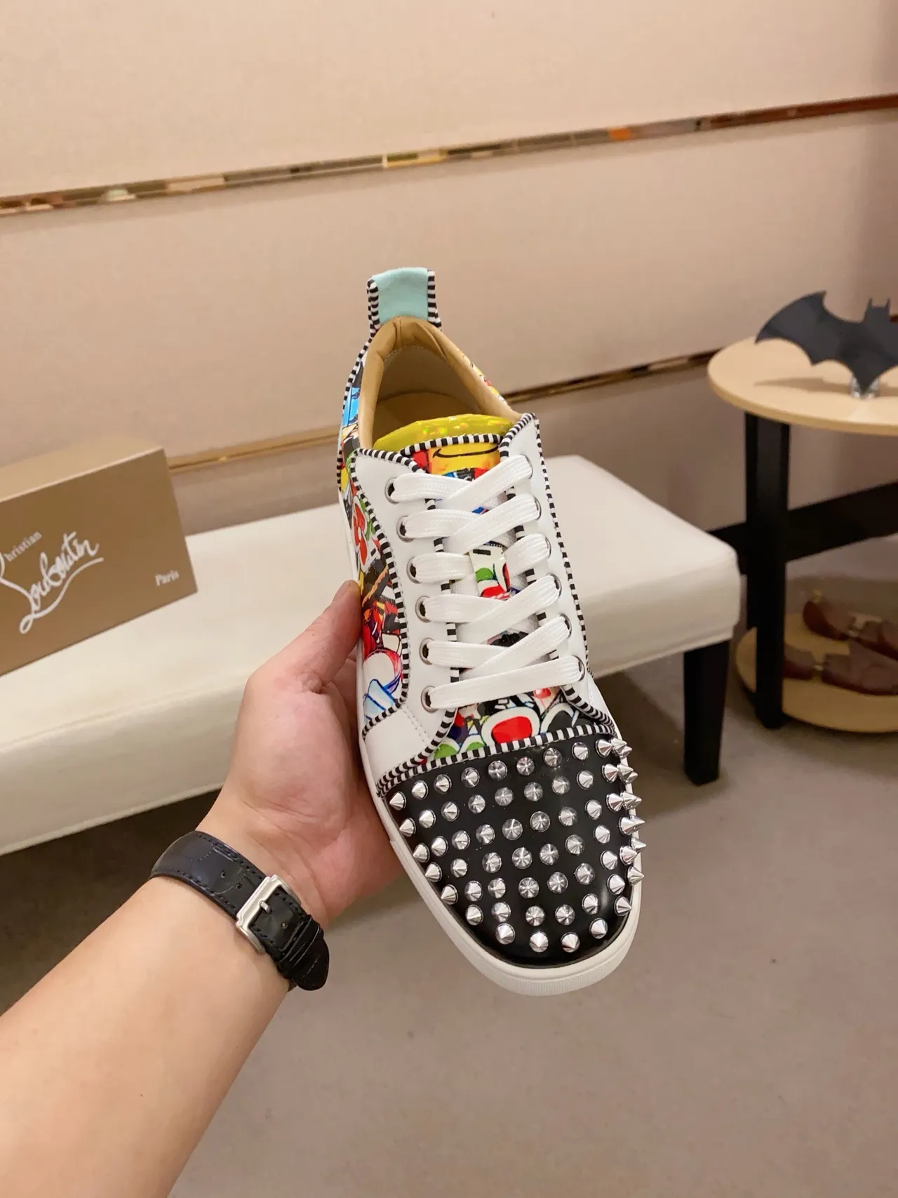 Christian Louboutin Spiked Toe Multicolor Graffiti Print Lifestyle Sneakers