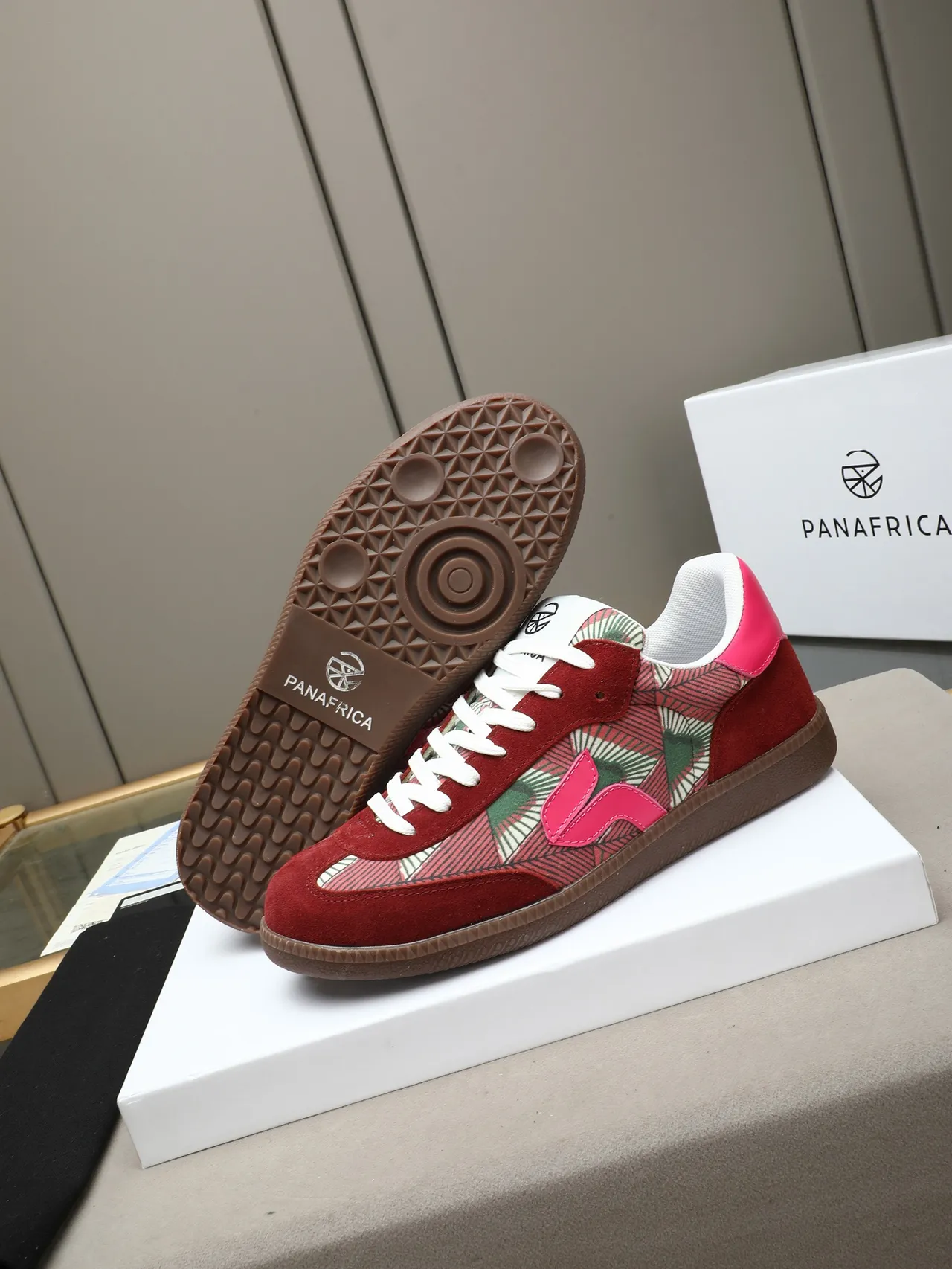 Red and Pink Geometric-Print Suede Lifestyle Sneaker