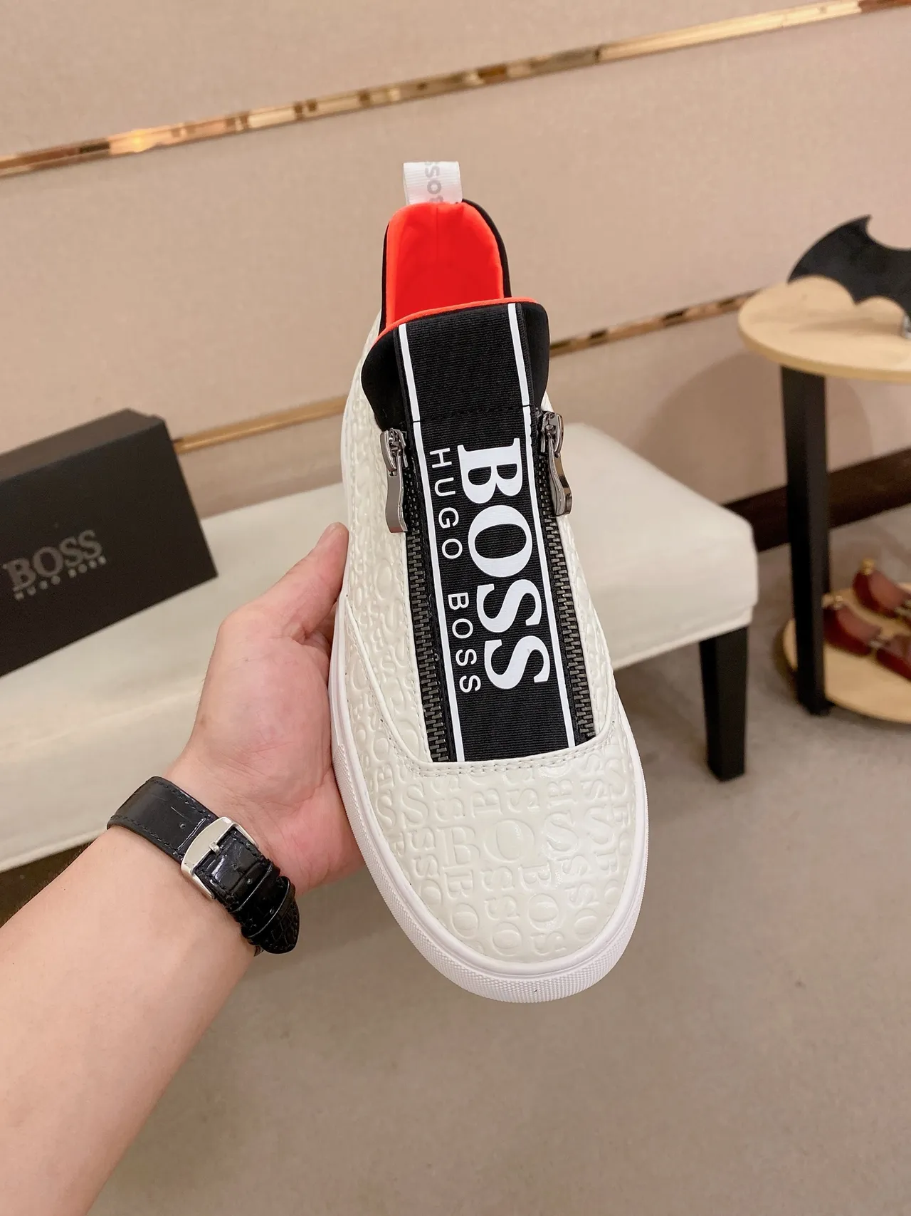 Hugo Boss White Black Embossed Logo Upper Zipper-Closure Slip-On Sneakers