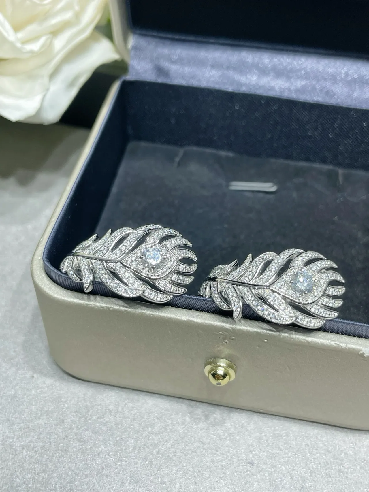 Feather Motif Pavé Crystal Stud Earrings