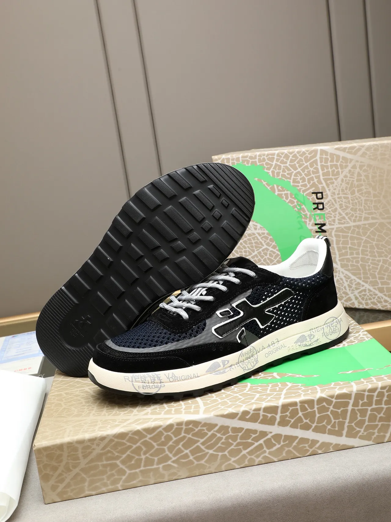 Premiata Black White Mixed-Material Upper Perforated Mesh Sneakers