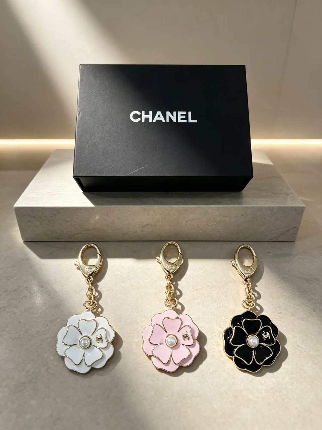 Chanel Camellia Flower Enamel Pearl Keychain Brooch