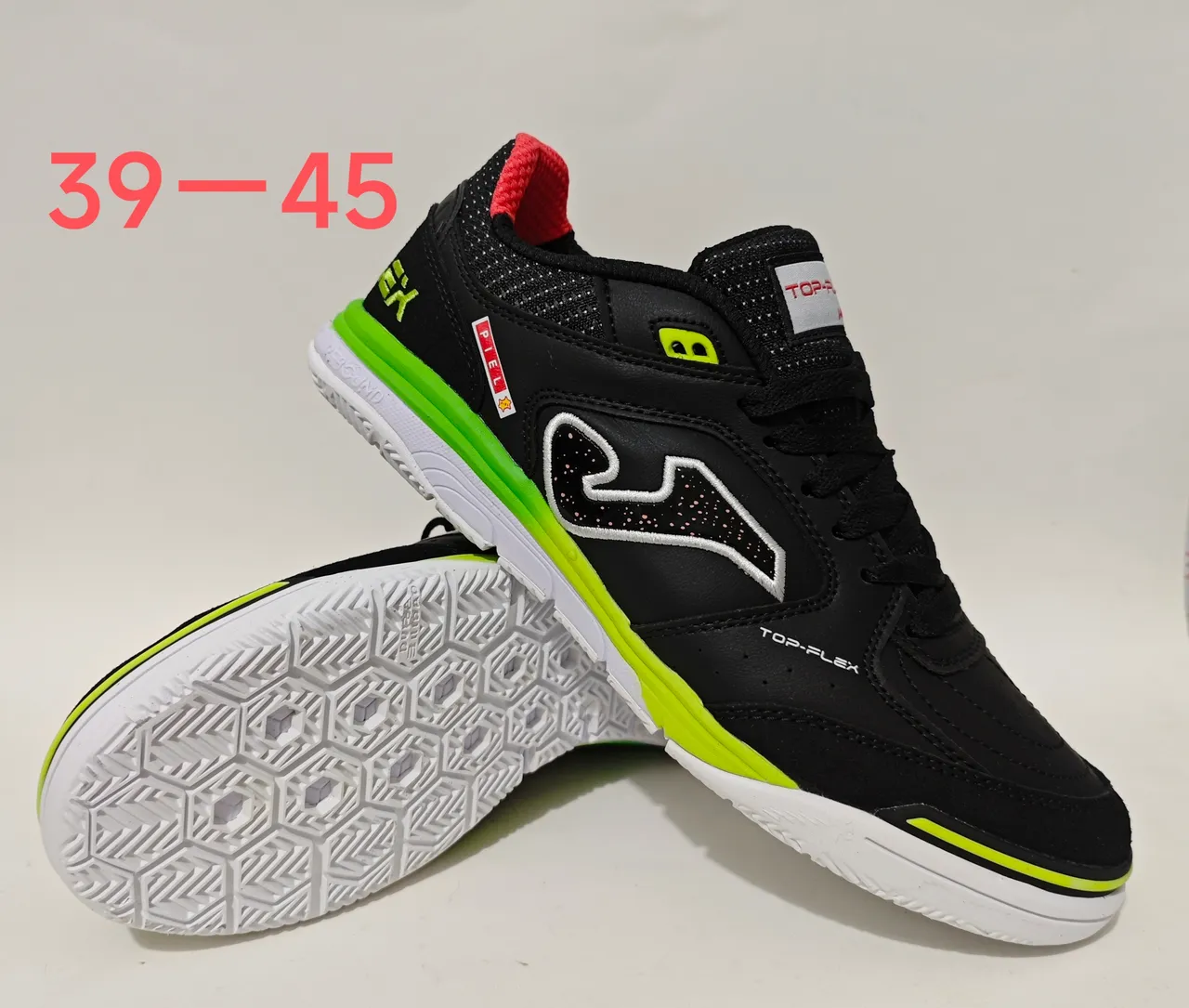 Joma Top-Flex Black Green Lace-Up Neon Midsole Stripe Indoor Soccer Shoes