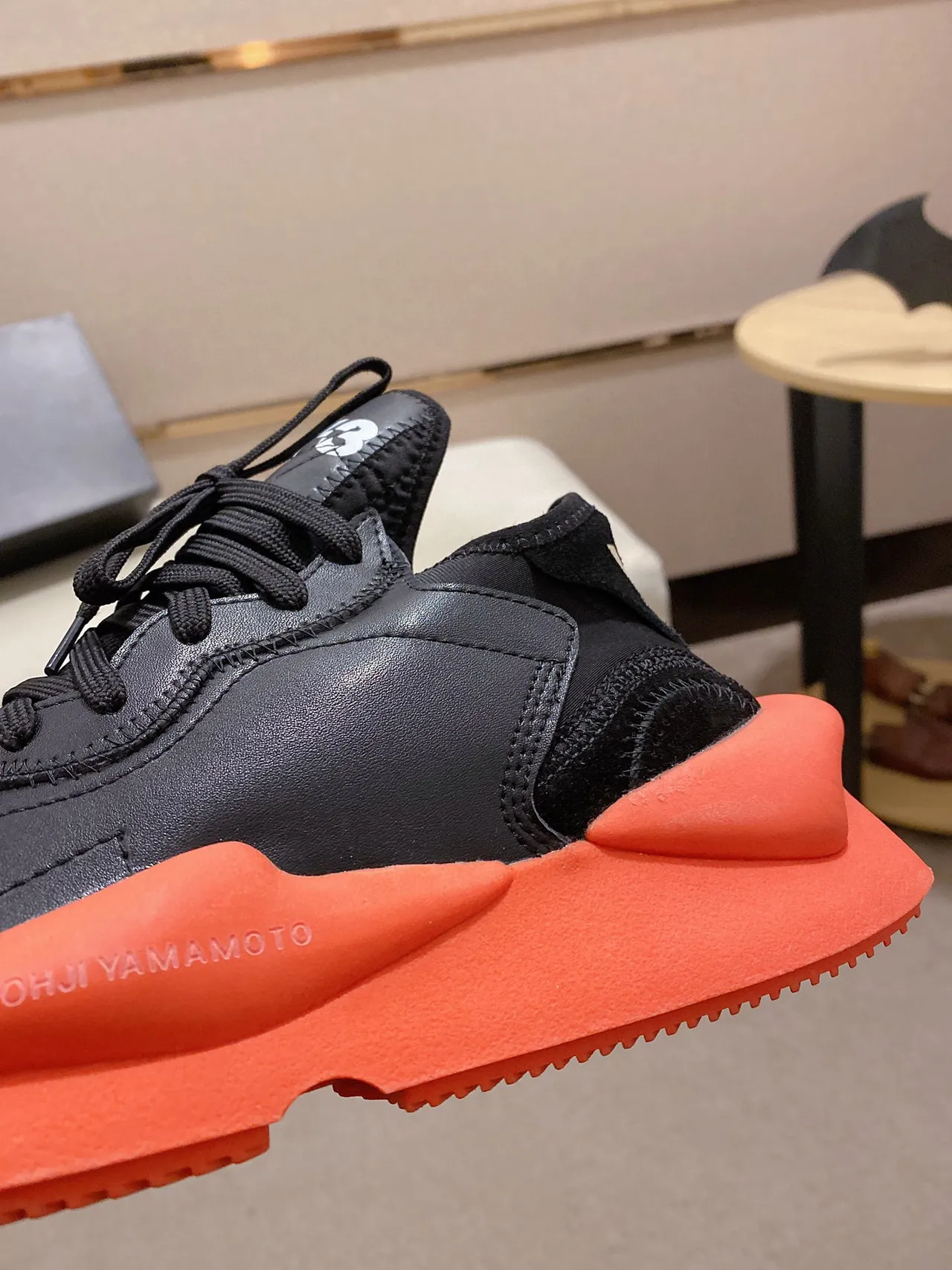 Yohji Yamamoto Black Orange Sculpted Midsole Matte Leather Upper Chunky Sneakers