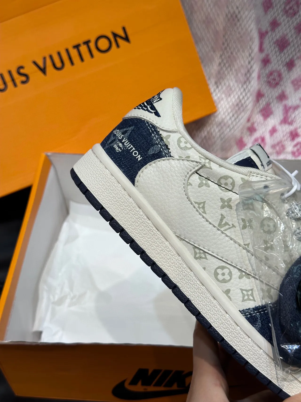 Nike x Louis Vuitton Dunk Low White and Navy Monogram Lifestyle Sneakers