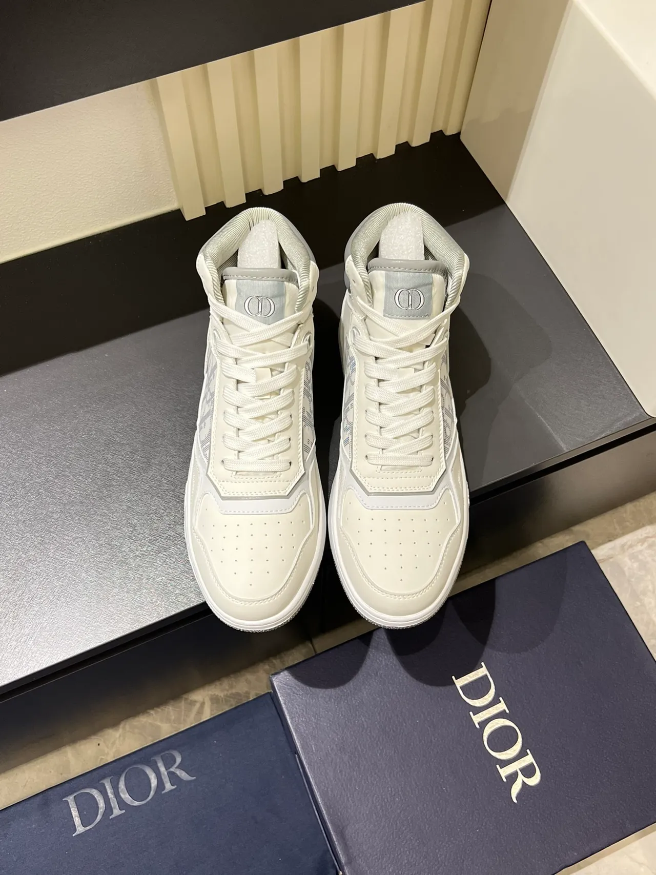 Dior B23 White and Gray Monogram High-Top Lifestyle Sneakers