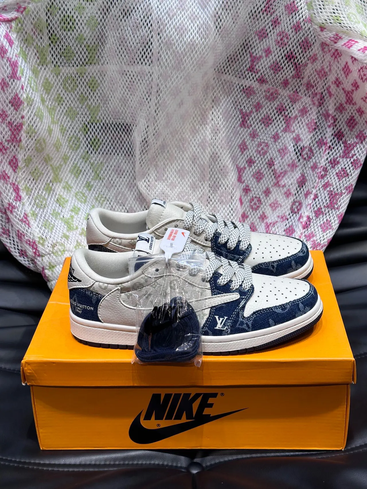 Nike x Louis Vuitton Dunk Low White and Navy Monogram Lifestyle Sneakers