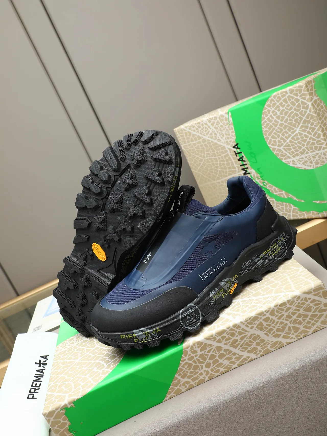 Premiata Navy Black Laceless Zip-Closure Upper Rugged Vibram Outsole Lifestyle Sneakers
