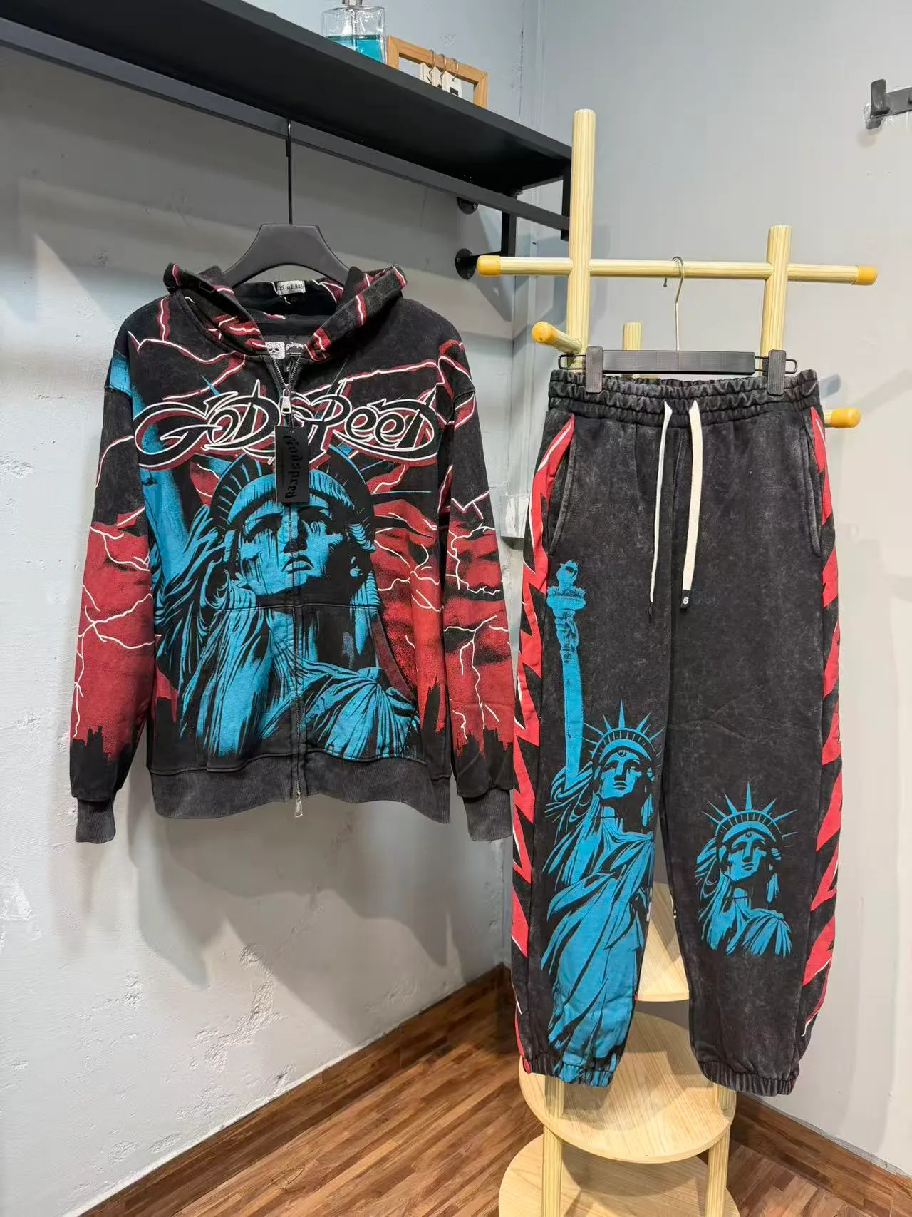 Godspeed Black Red Graphic-Print Acid-Wash Tracksuit