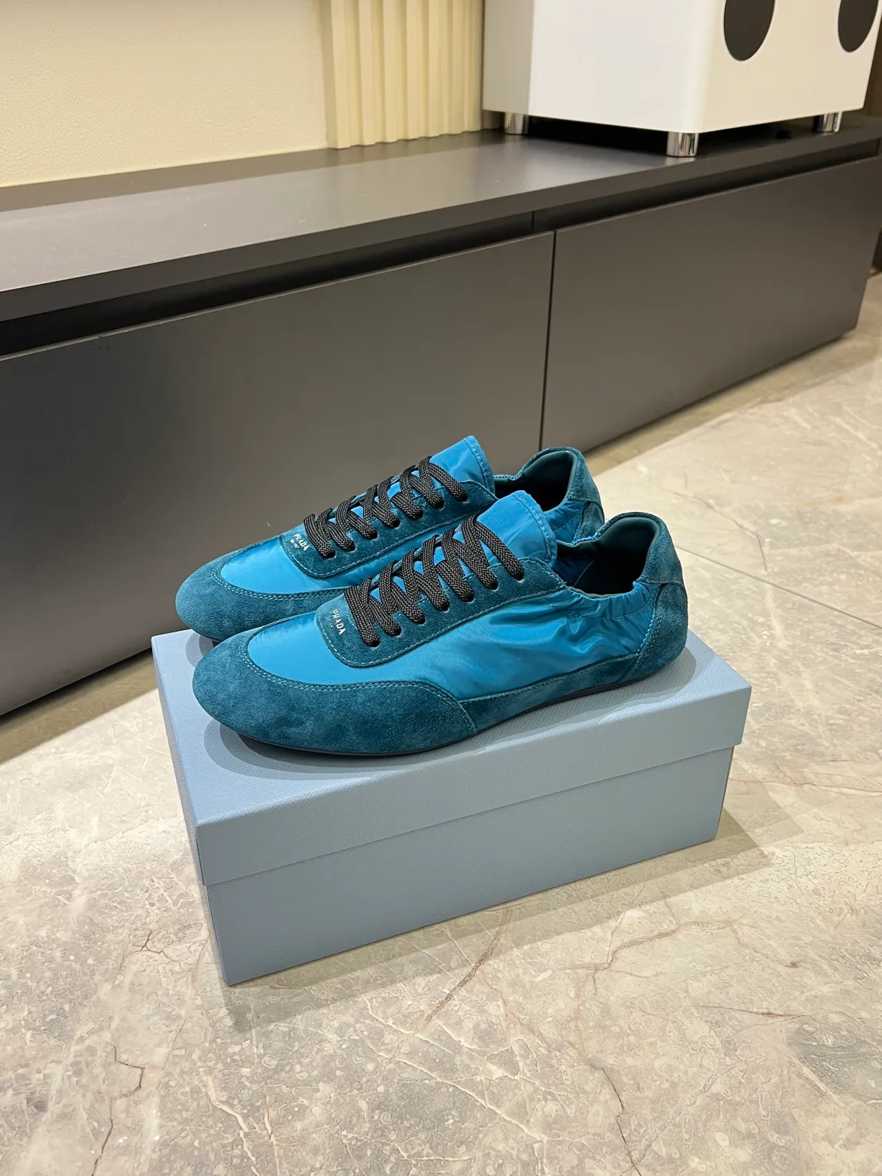 Prada Blue Black Mixed-Material Upper Suede And Nylon Paneling Lifestyle Sneakers