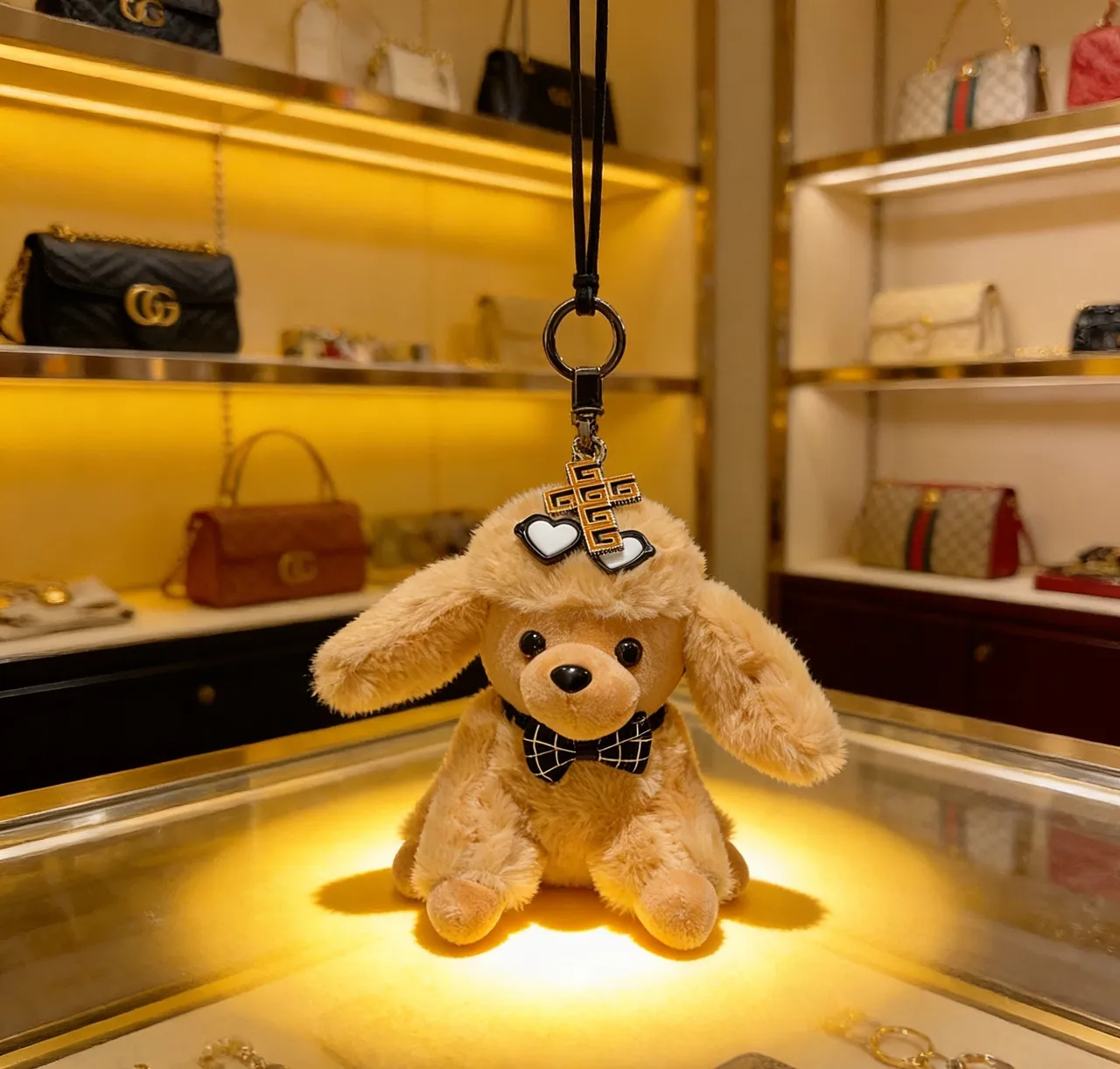 Gucci Beige Black Plush Dog Silhouette Checkered Bow Tie Phone Accessory