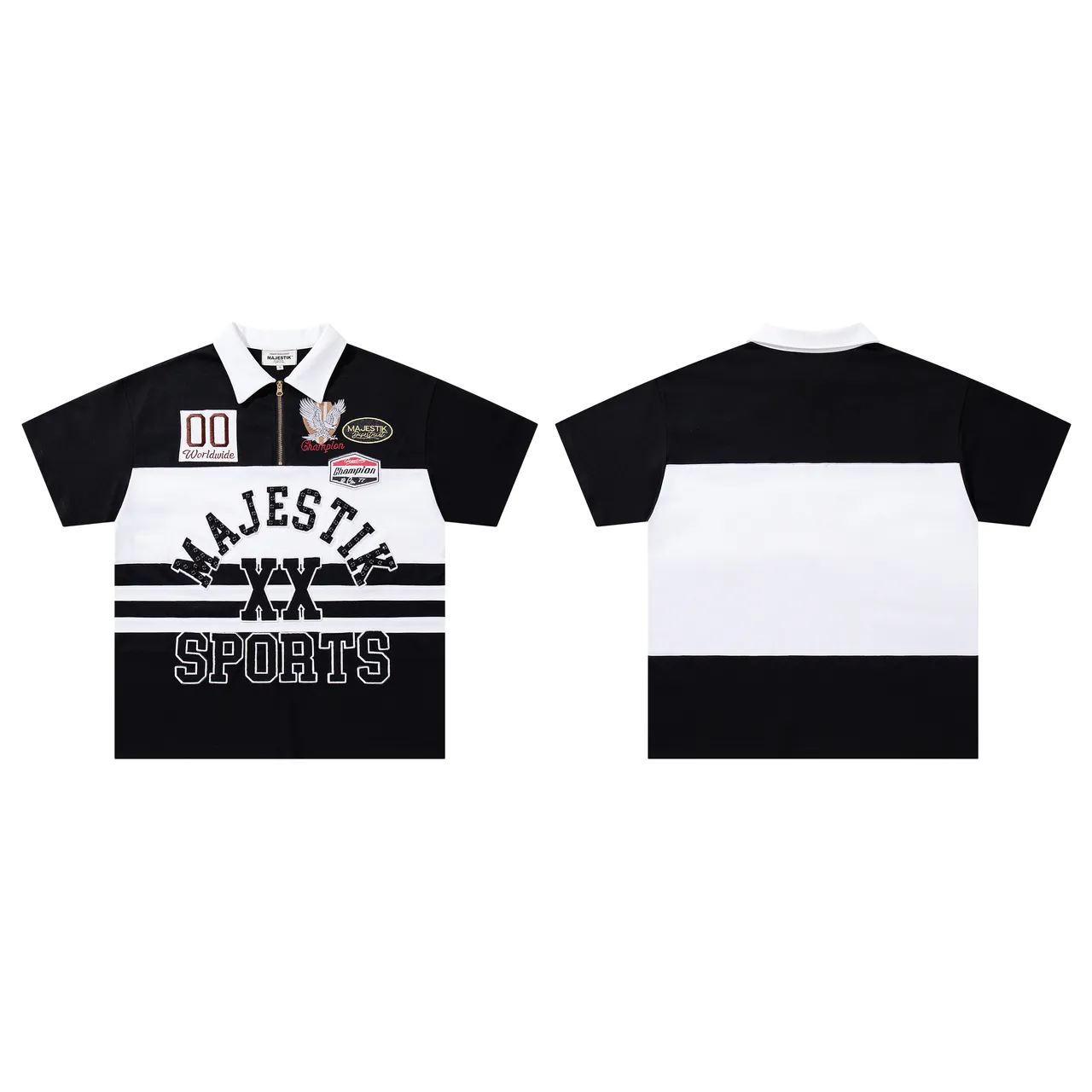 Majestik XX Sports Black and White Patchwork Polo Shirt