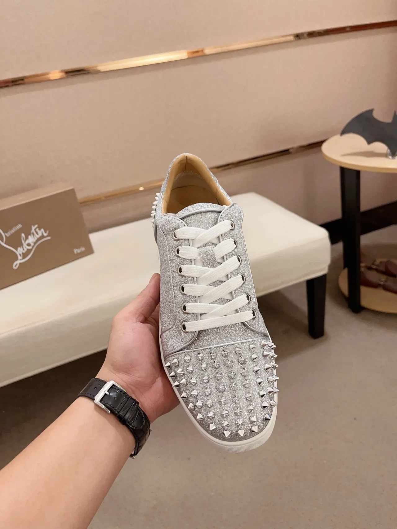 Christian Louboutin Studded Glitter Sneaker Silver White Upper Conical Studs Lifestyle Sneakers