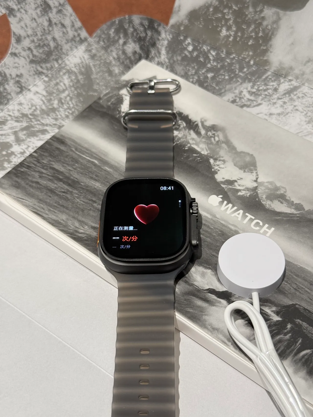 Apple Ultra Gray Orange Square Titanium-Style Case Ribbed Silicone Band Sports Watch