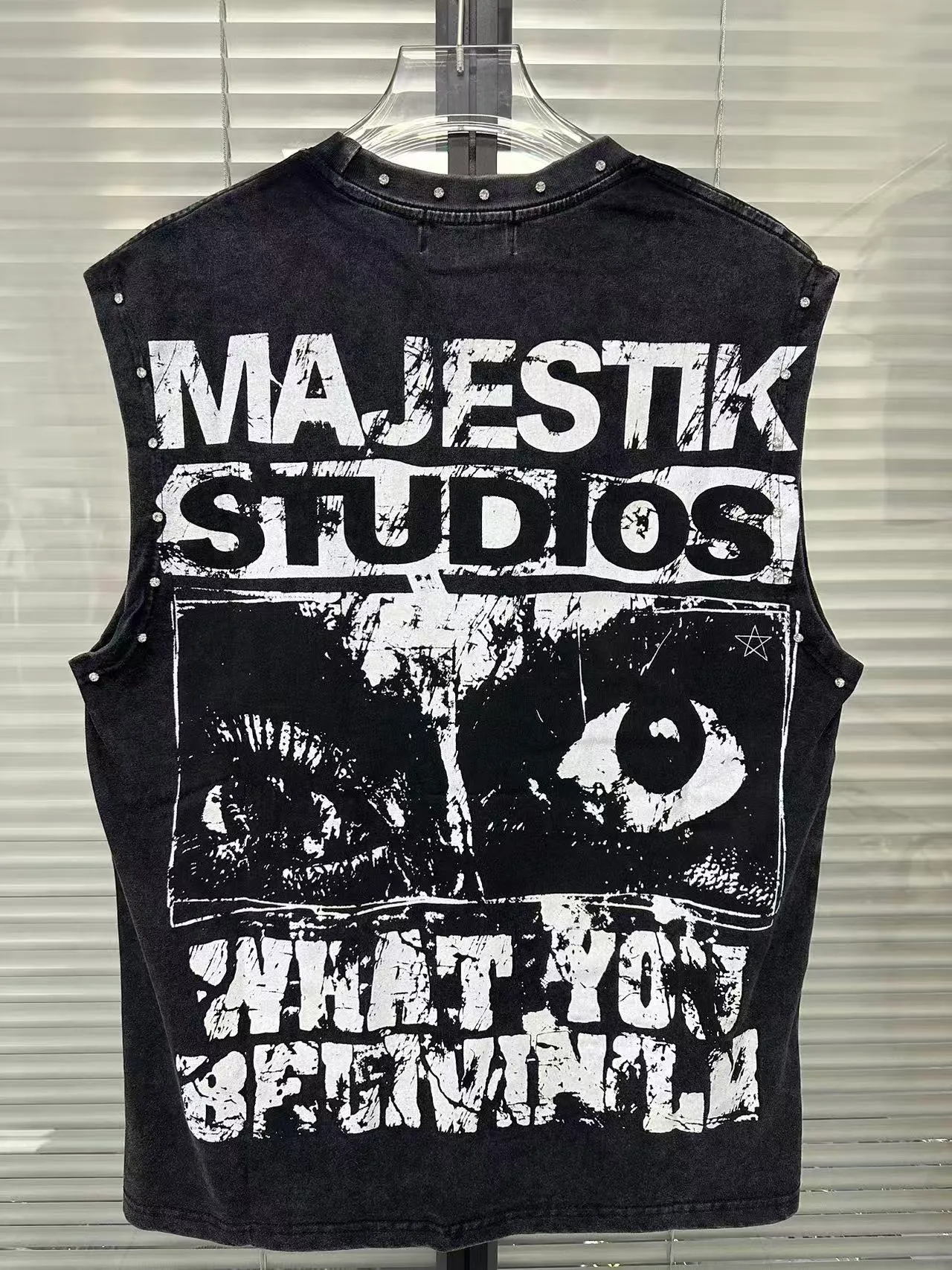 MAJESTIK Studded Screen-Printed Distressed Denim Vest Top