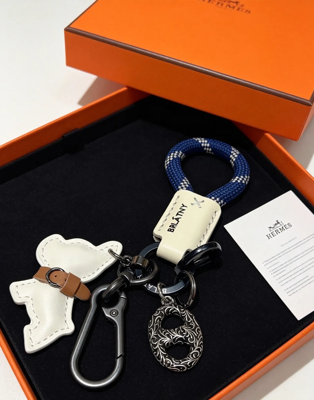 Hermès Dog Charm Keychain White Navy Leather Rope Loop Handbag