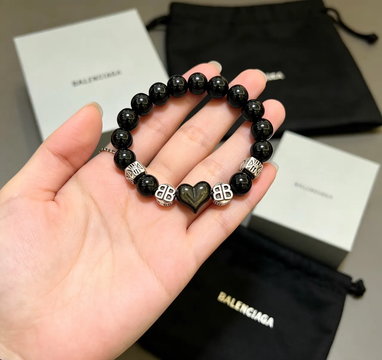 Balenciaga Black Bead and BB Charm Bracelet
