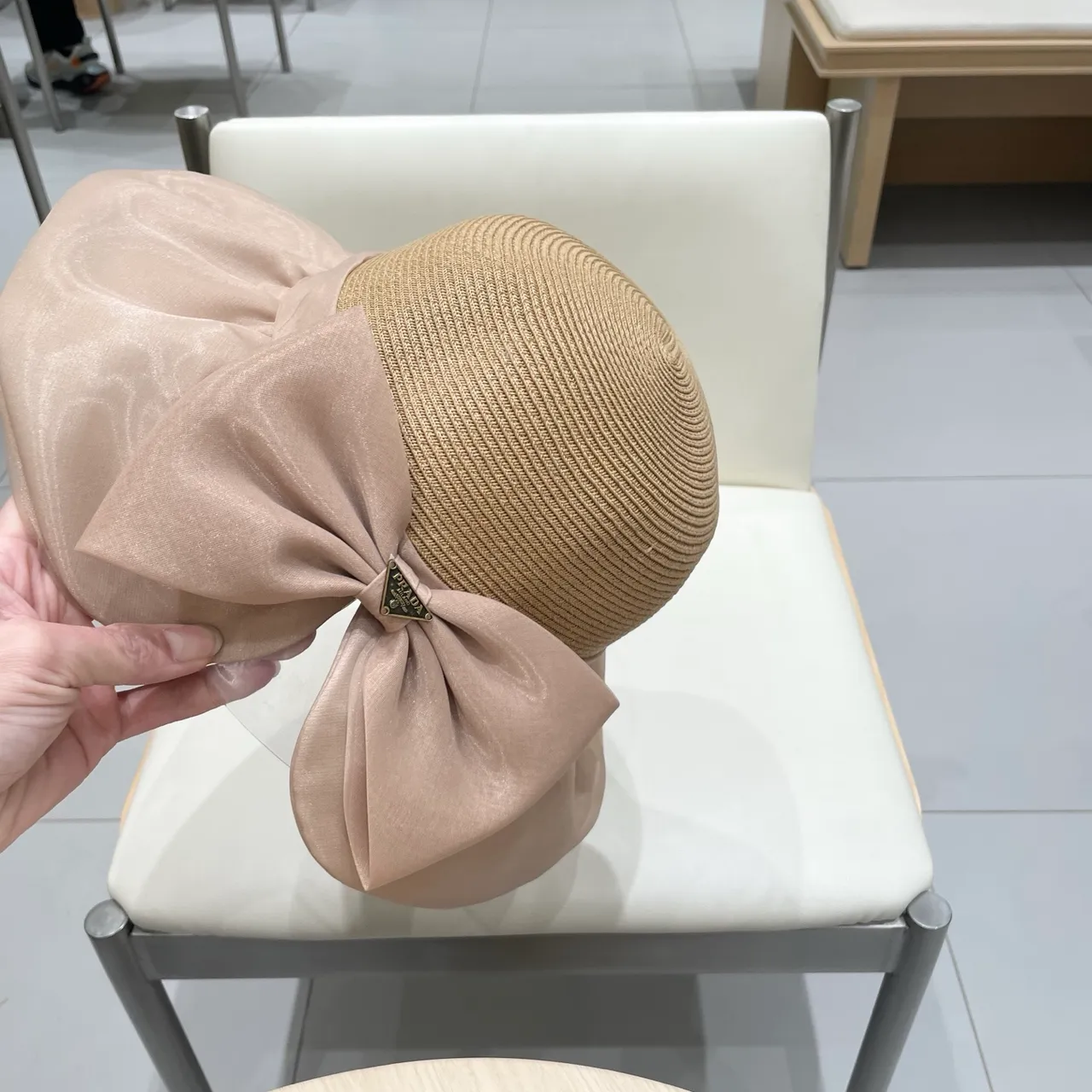 Prada Beige Pink Woven Straw Crown Wide Brim Fedora