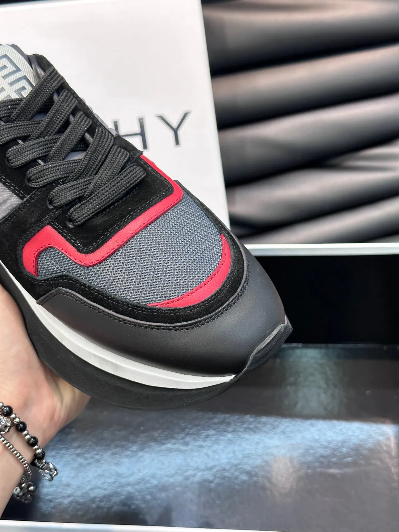 Givenchy Runner Black Red Platform Sole Mixed-Material Upper Chunky Sneakers