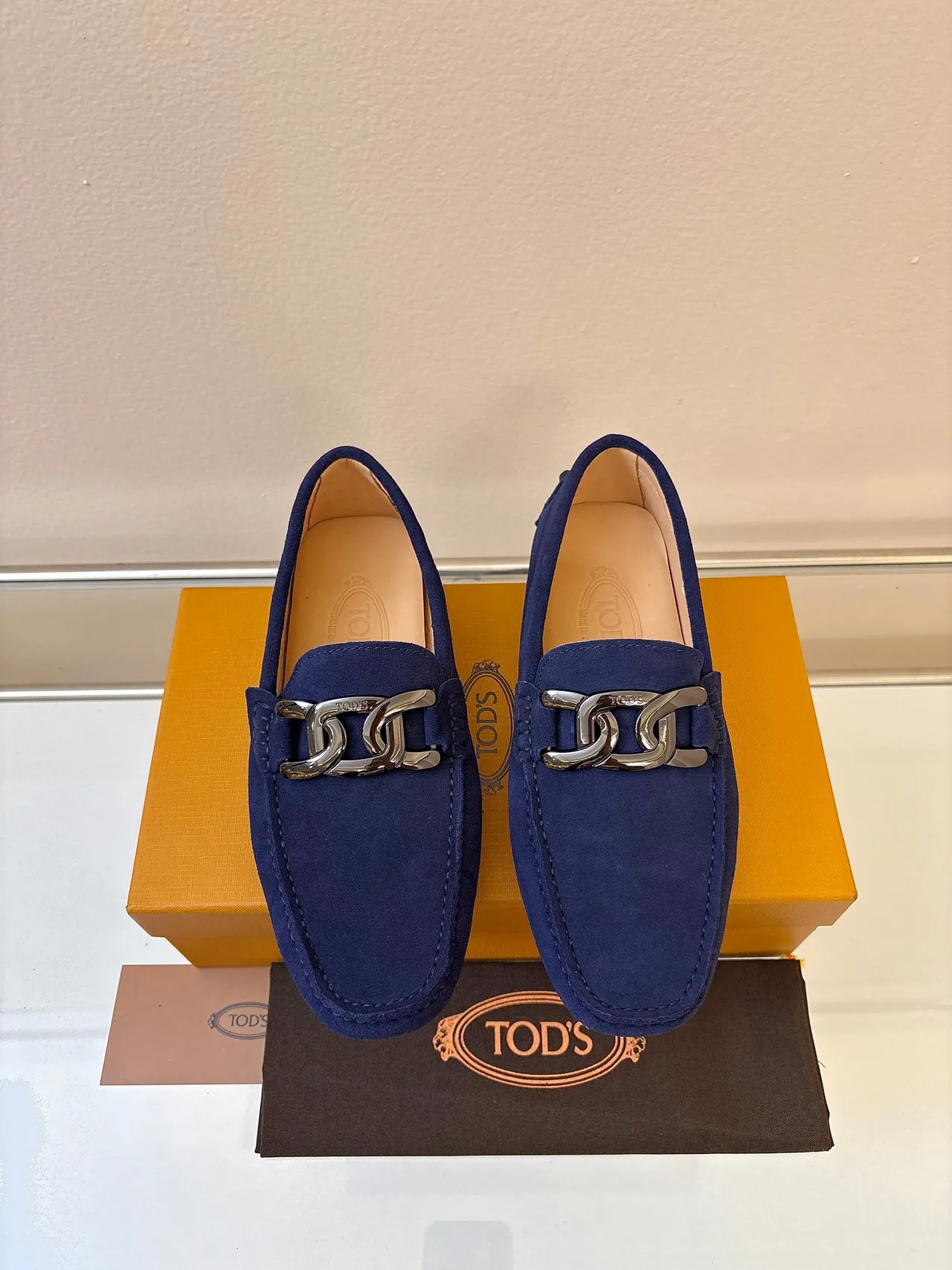 Tod's Gommino Navy Beige Suede Upper Metal Horsebit Buckle Loafer