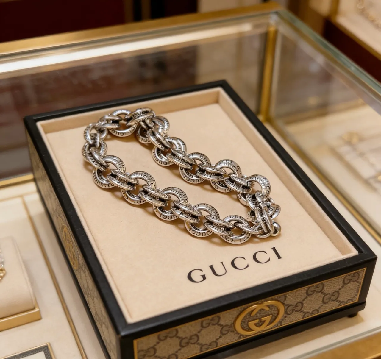 Gucci Engraved Curb-Link Silver-Tone Bracelet