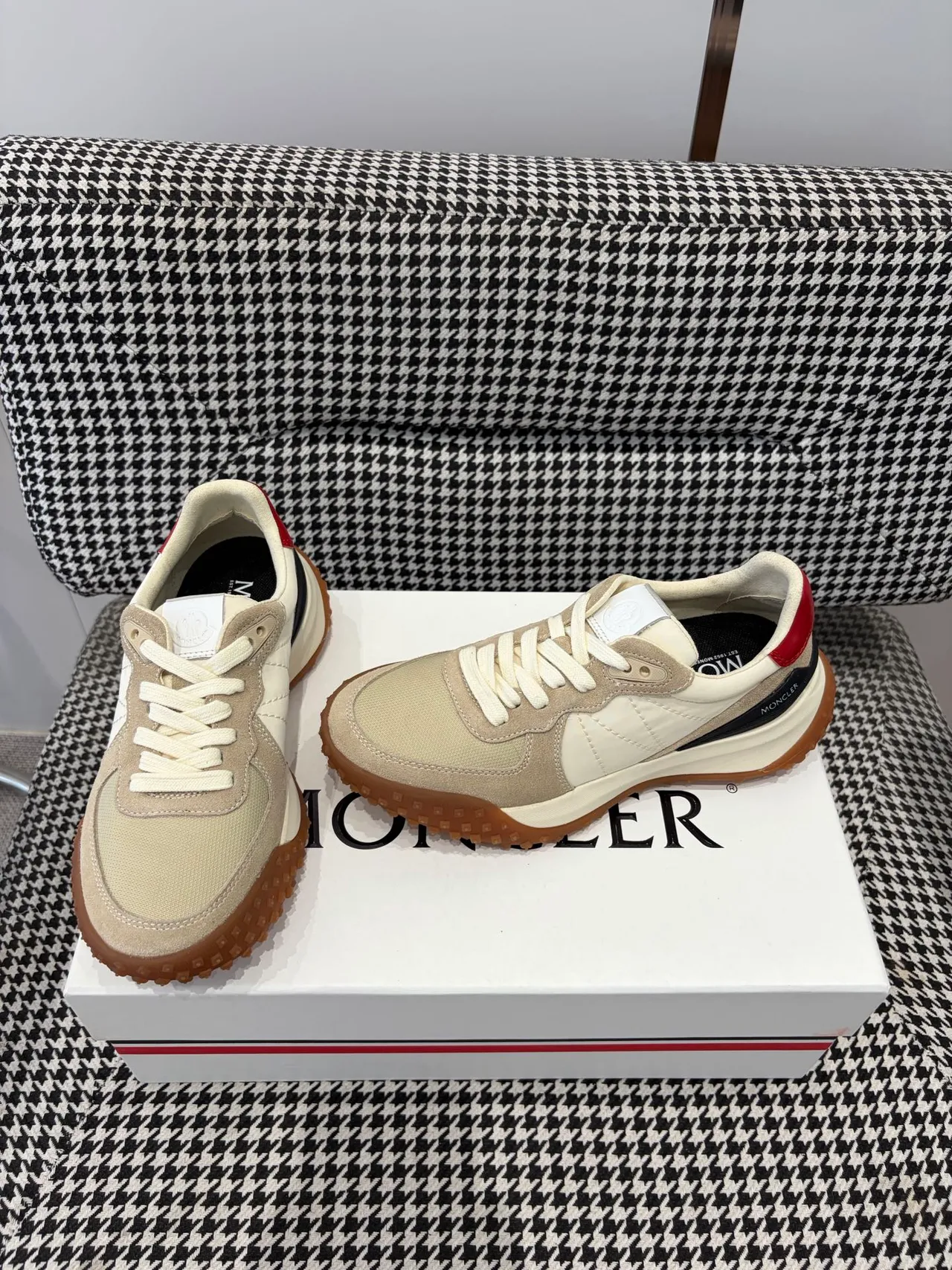 Moncler Beige Red Retro Runner Silhouette Mixed-Material Upper Sneakers